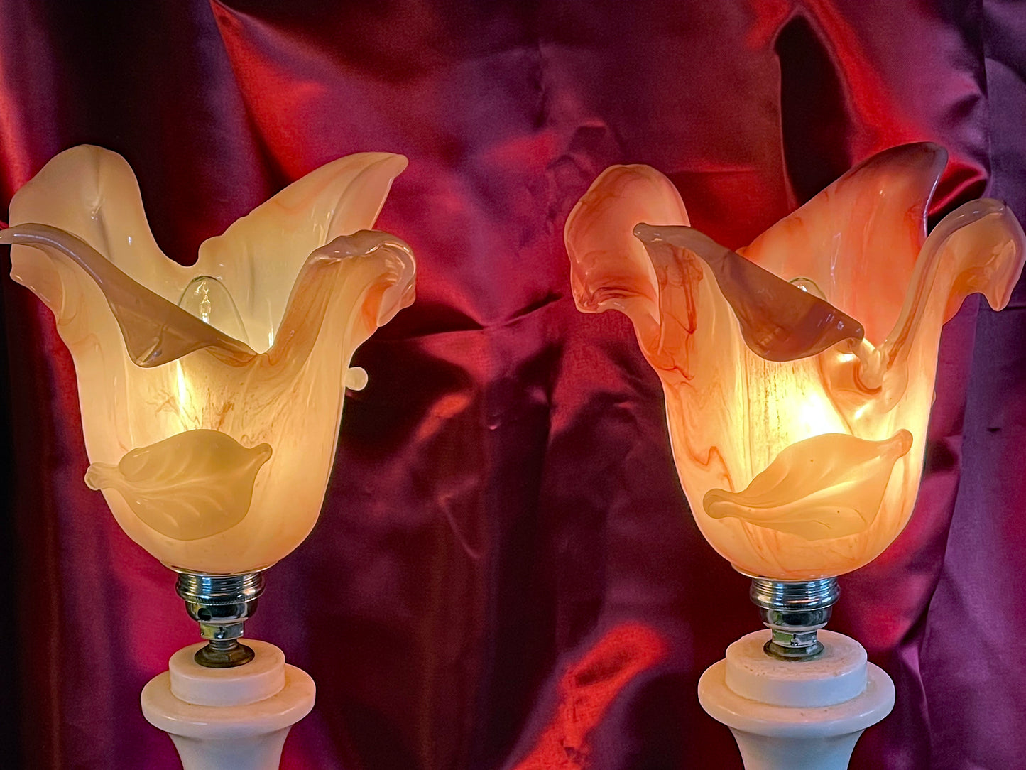 🌸 Pair of Vintage Italian Alabaster Marble Lamps with Pink Murano Glass Tulip Shades — Romantic Mid-Century Boudoir Lighting