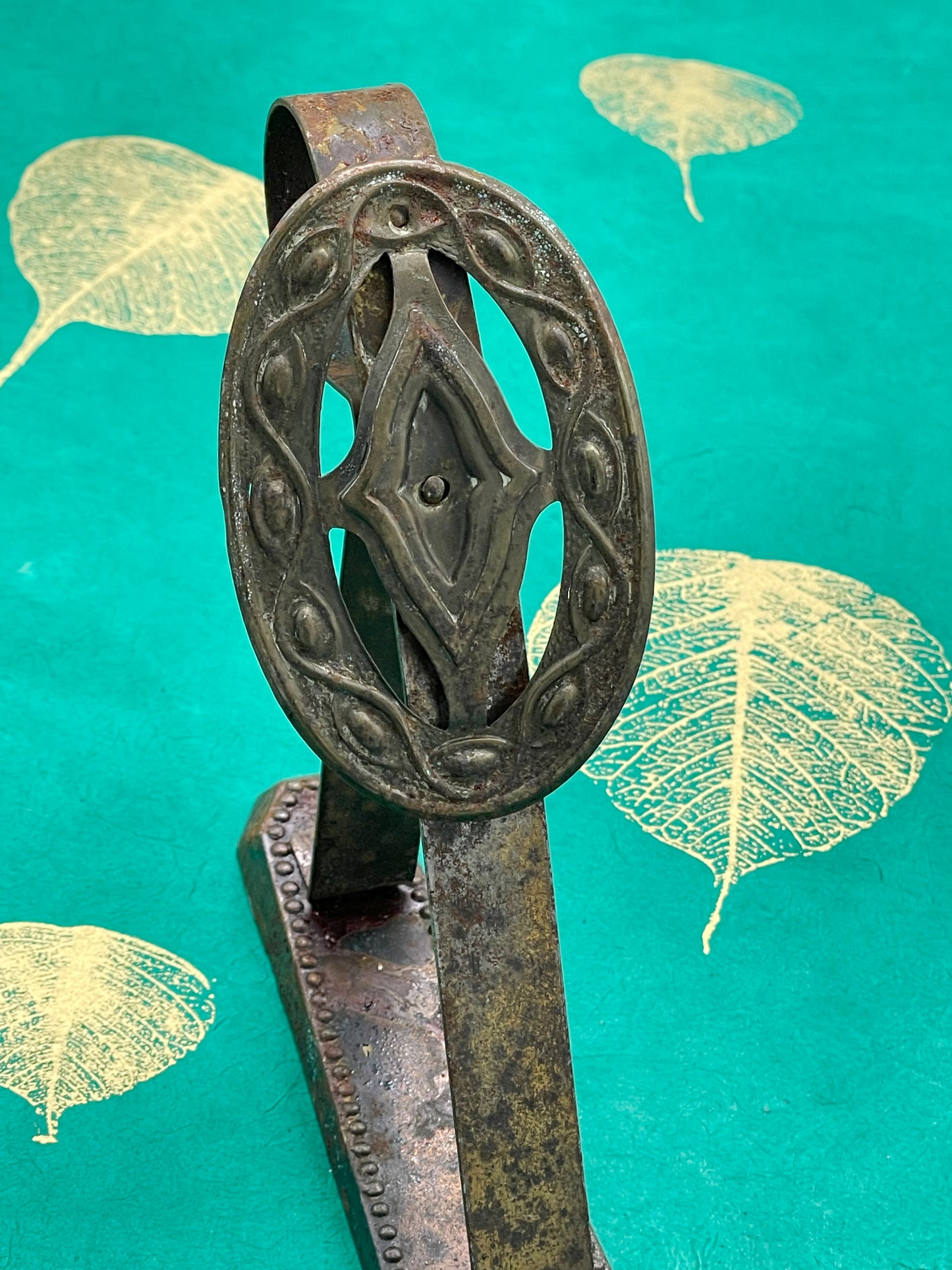 French Art Deco Brass Wall Hook, Openwork Oval Bracket with Beaded Backplate, c.1930