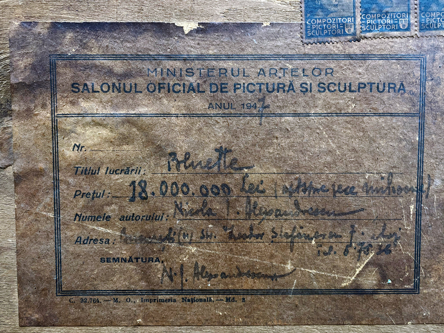 Blue Cornflowers, N. Alexandrescu (1946) – Oil on Wood, Original Exhibition Stamp