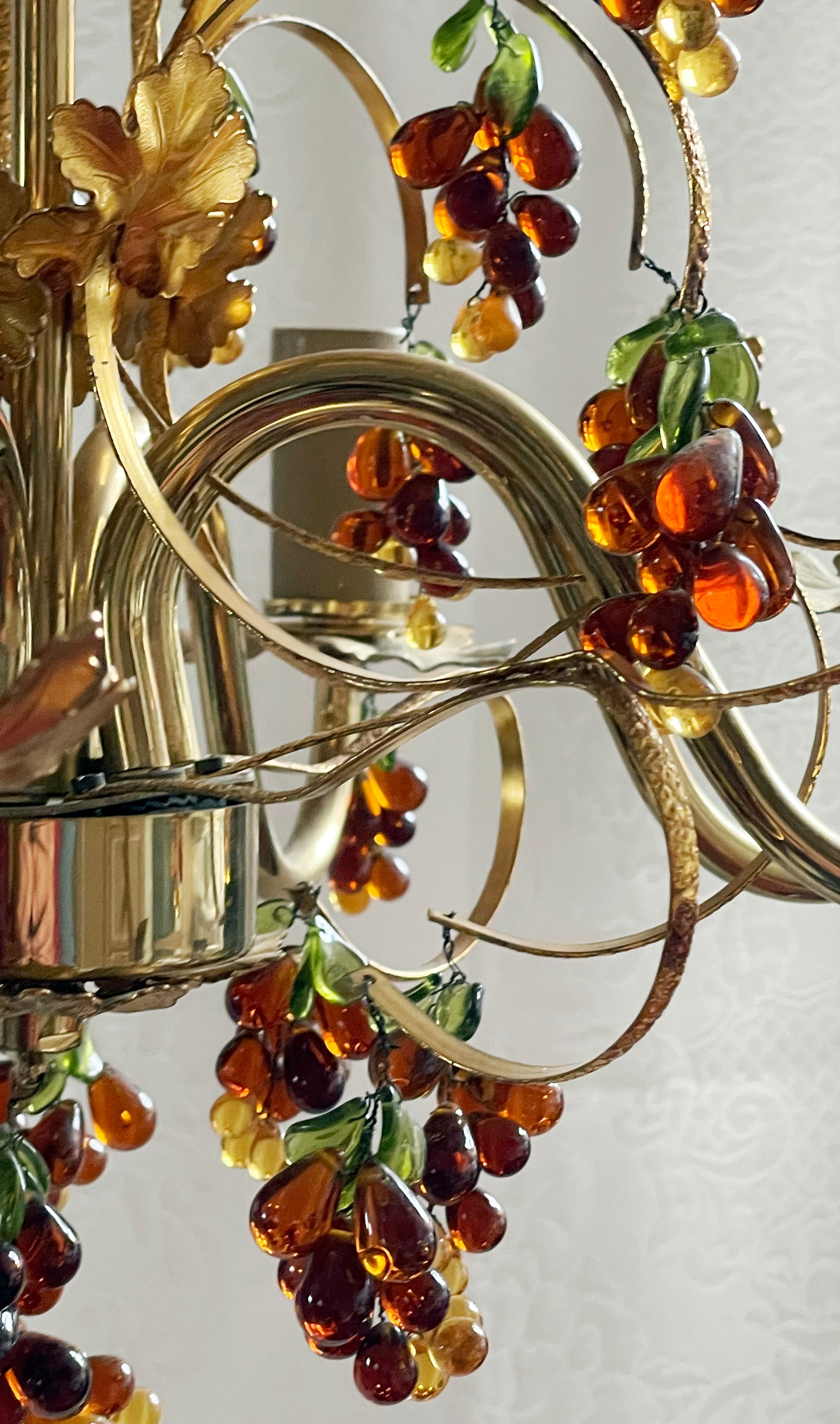 Old Antique Italian Gilt Metal and Glass Grape Murano Glass Chandelier | circa 1910-1920s