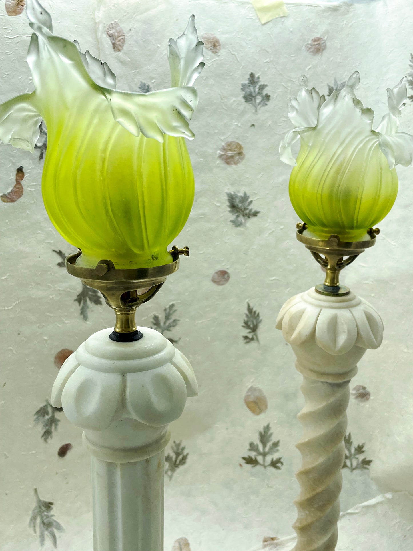 French white marble lamp with green glass shade