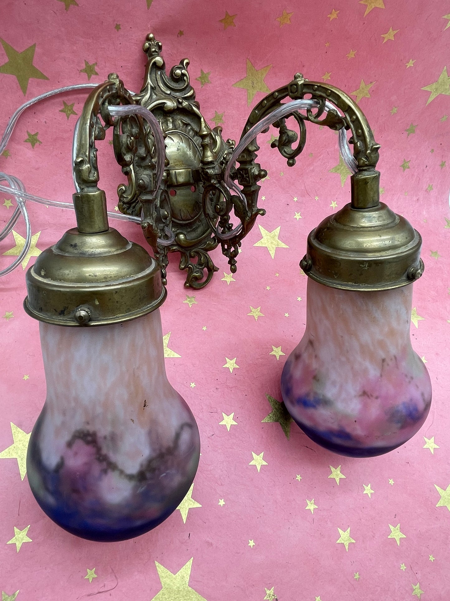 Signed French Art Nouveau Wall Sconce by Müller Frères, Luneville – Pâte de Verre Shades, Fully Rewired, Early 20th Century