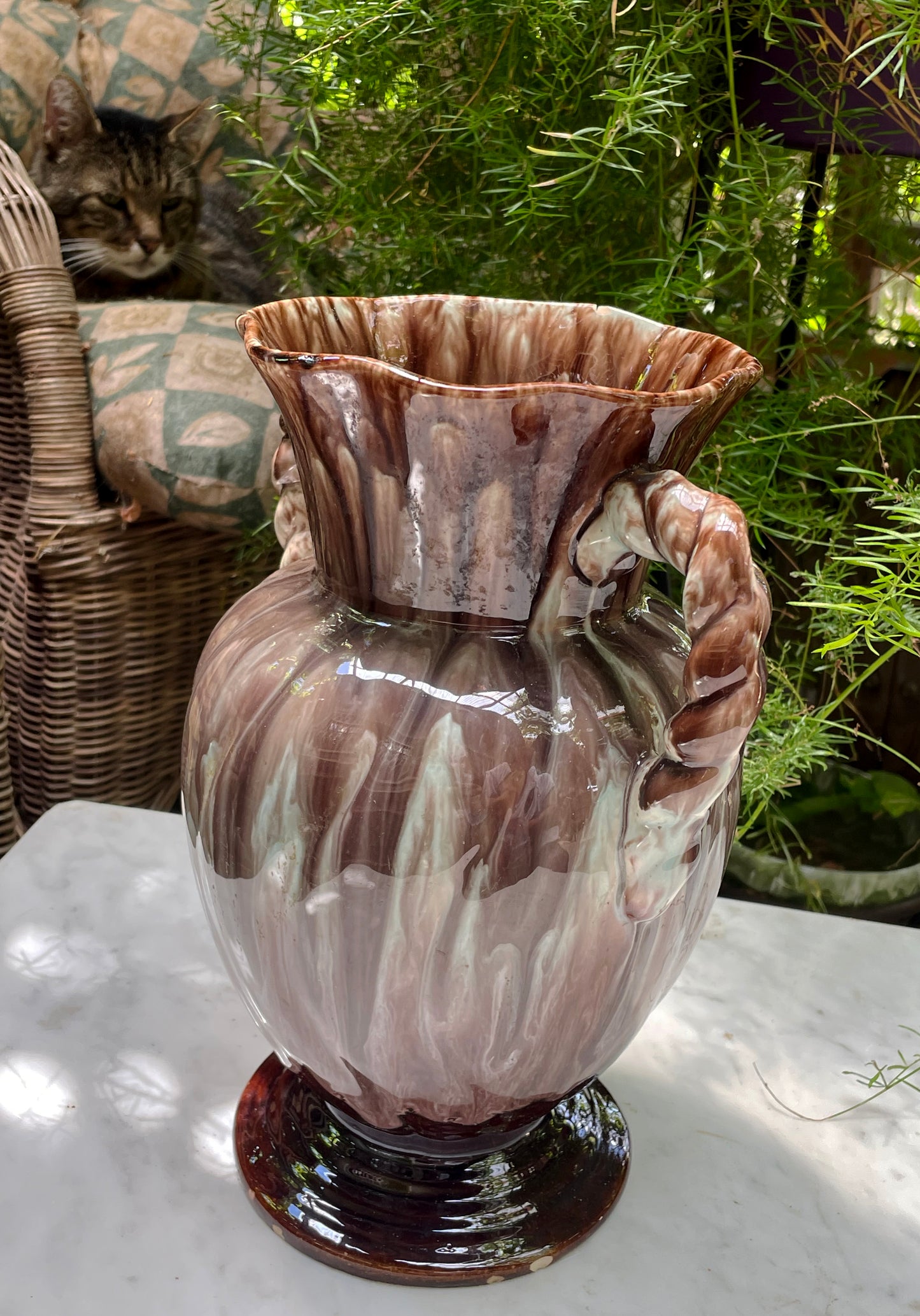 Vintage Handcrafted Swirl-Glazed Ceramic Pitcher Vase with Twisted Handle