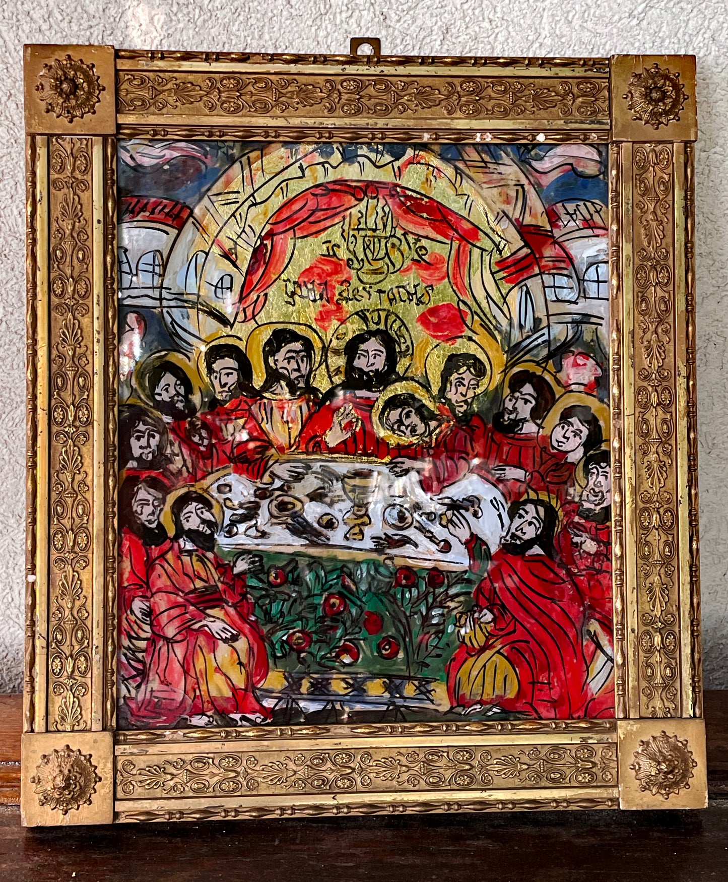 The Last Supper – Hand-Painted Reverse Glass Icon with 24k Gold Leaf in Ornate Gilded Frame