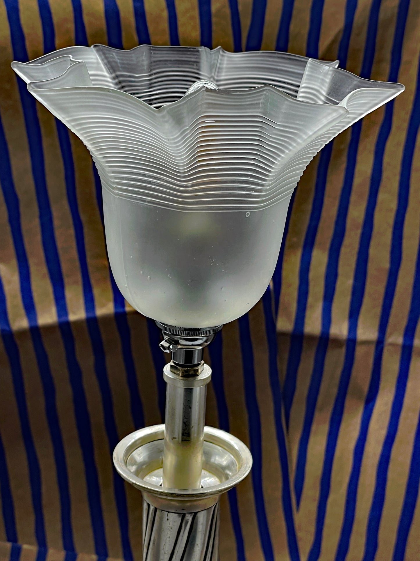 Large silvered Art Déco floor lamp standing view