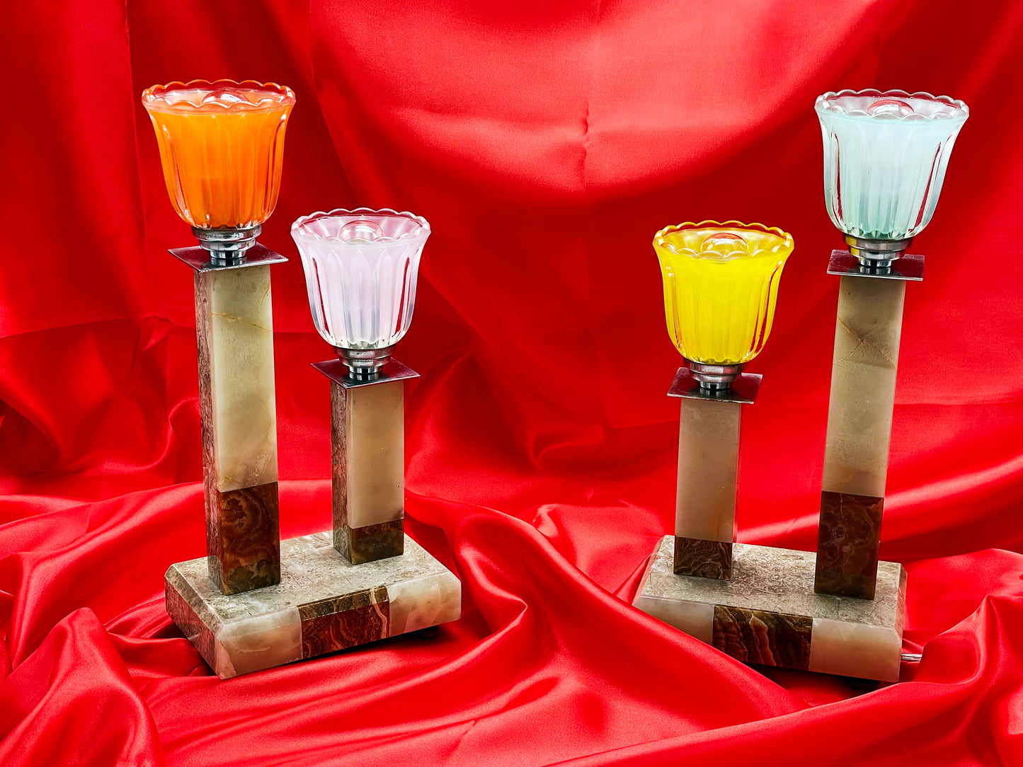 Pair of Art Deco Marble & Onyx Lamps with Colorful Glass Tulip Shades