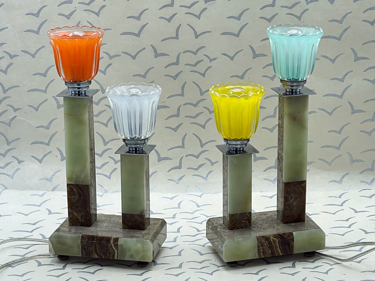Pair of Art Deco Marble & Onyx Lamps with Colorful Glass Tulip Shades