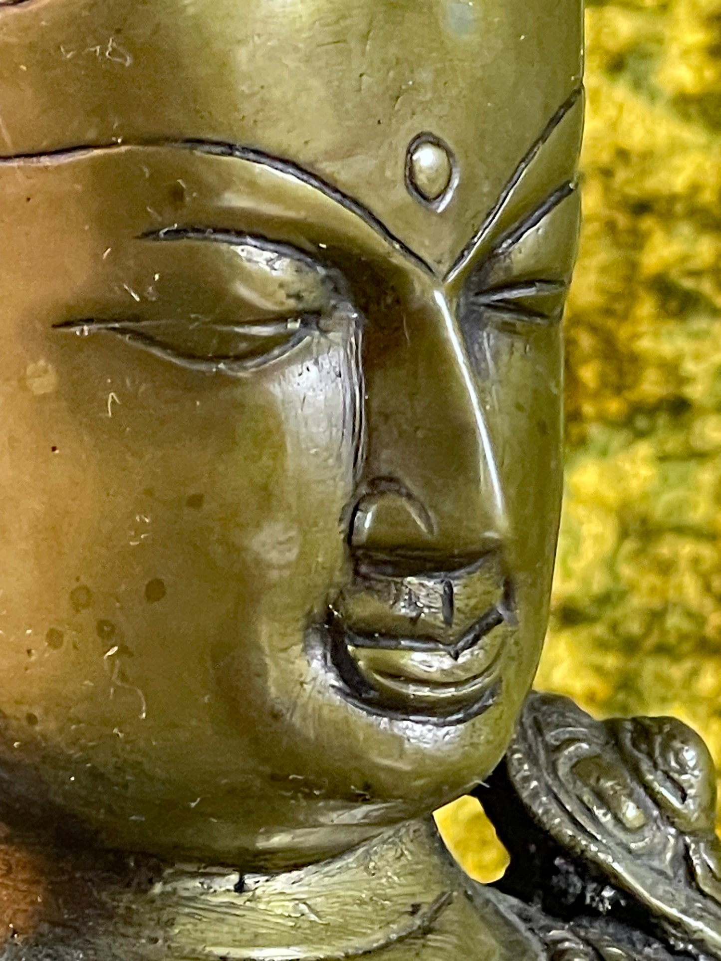 Macro detail of Green Tara's downcast meditative face