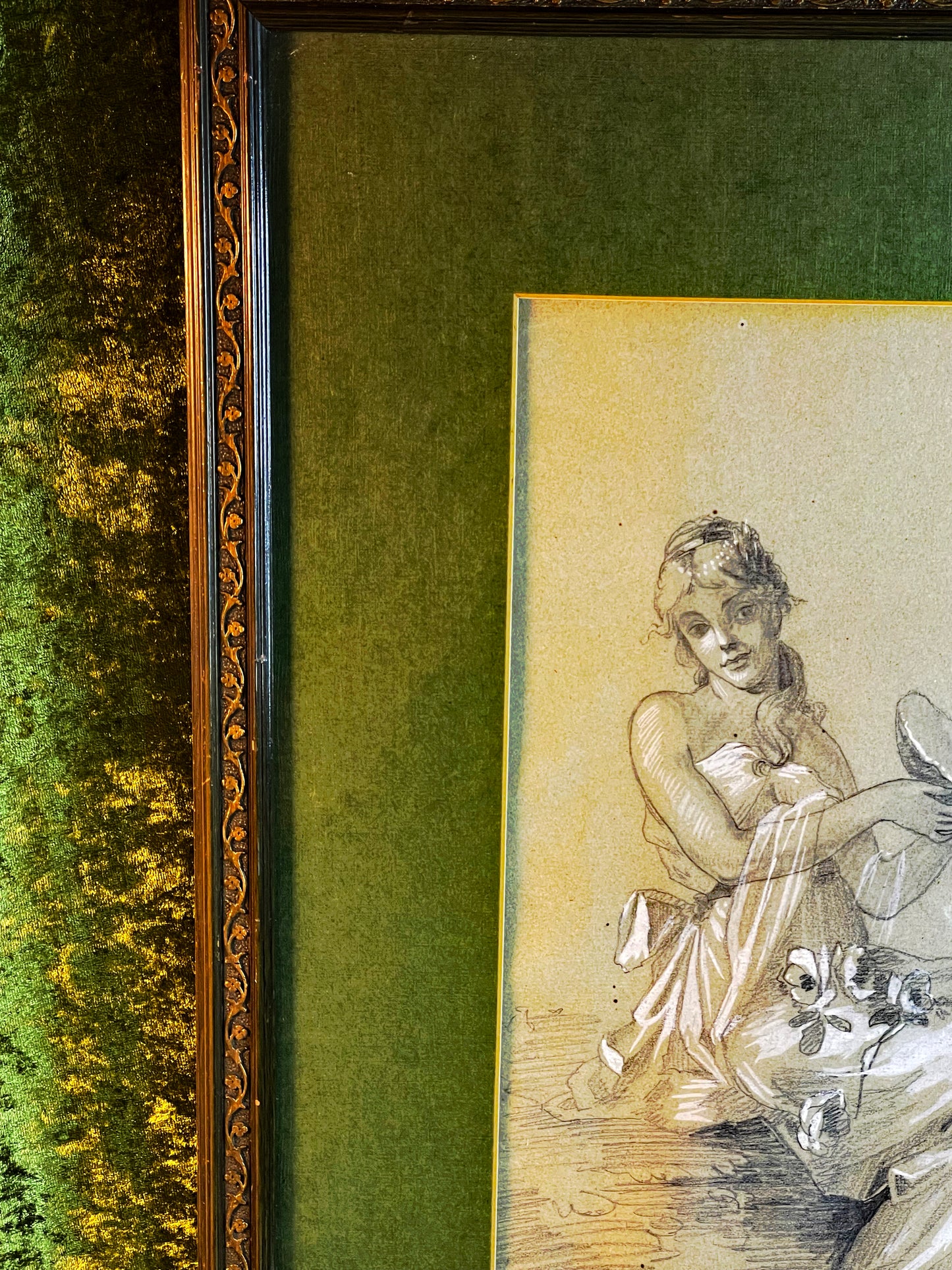 Art Nouveau Drawing: Seated Lady with Birds, Original 1960s Frame