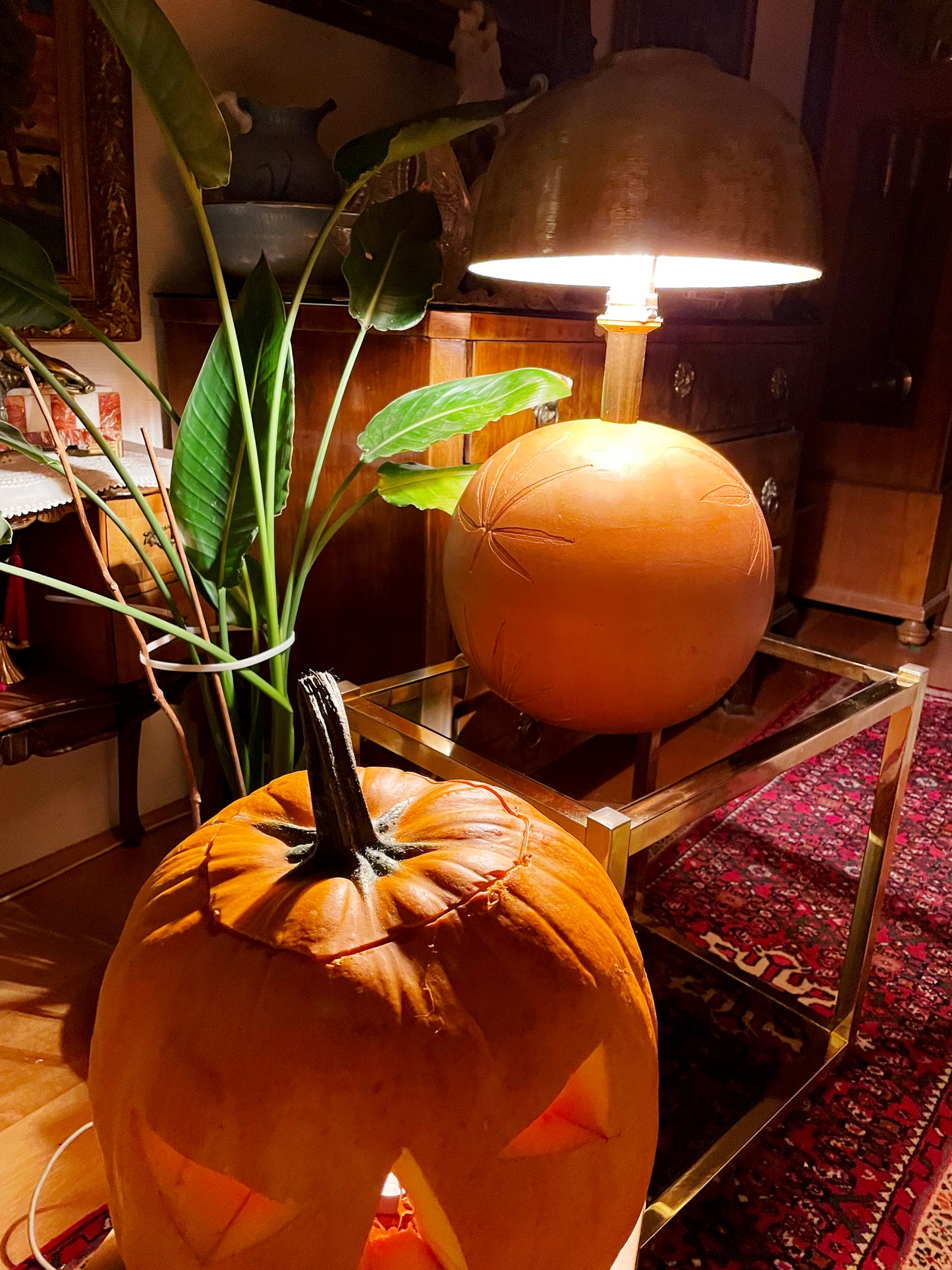 Mid-Century Modern Terracotta Sphere Table Lamp with Brass Dome Shade and Etched Palm Leaf Motif
