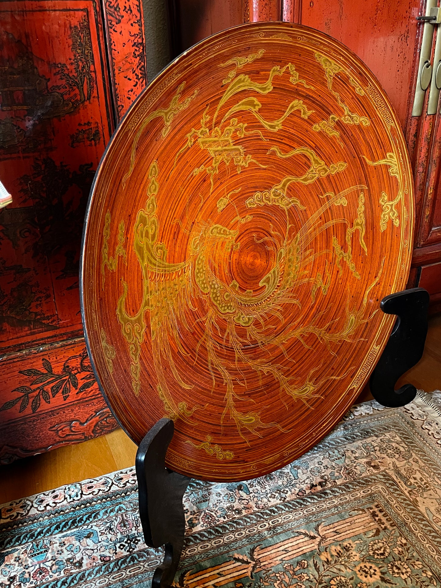 Chinese gold dragon lacquer charger 74 cm statement piece