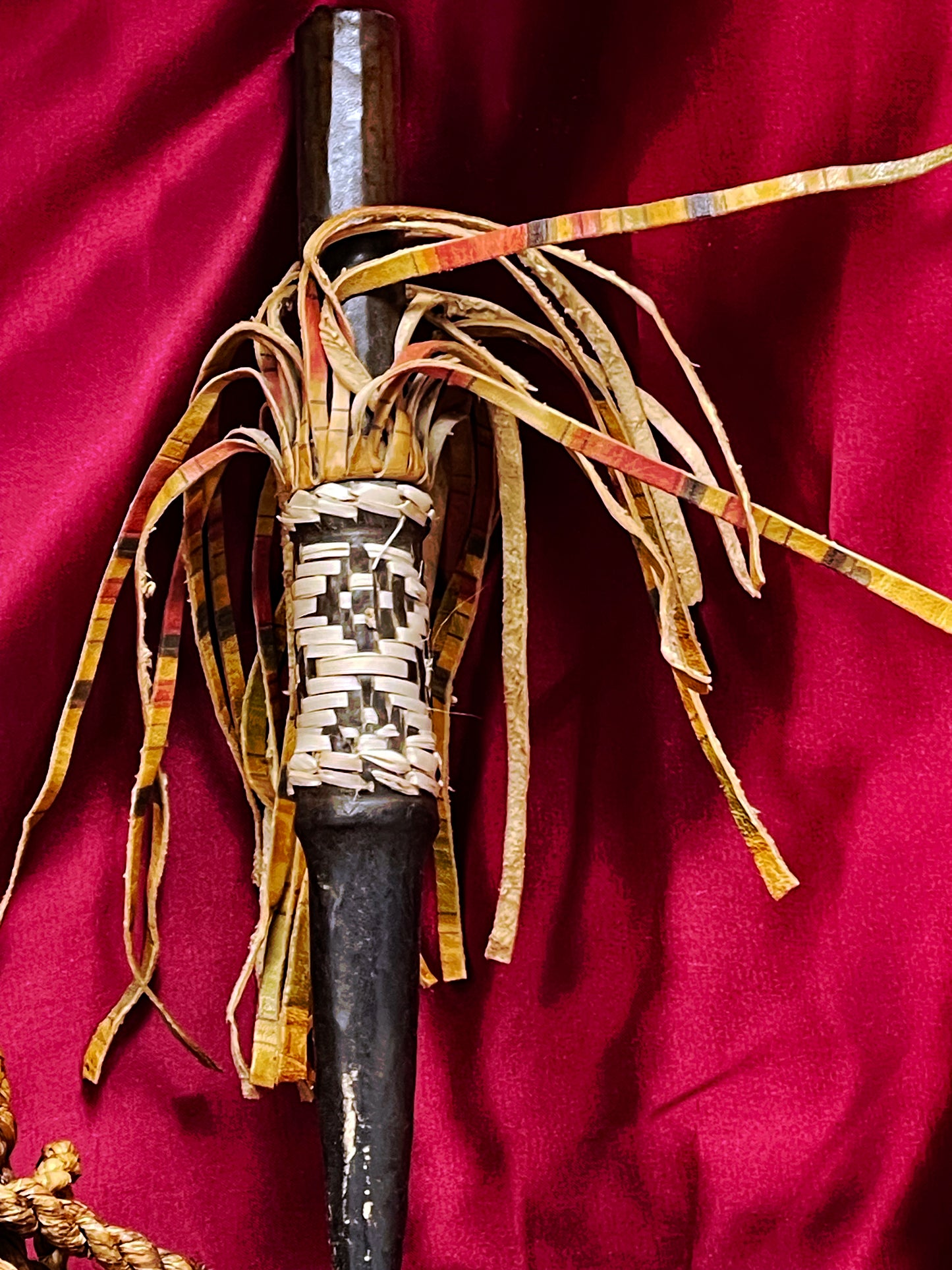 Mid-20th Century Chokwe Mask with Raffia Braids and Ceremonial Iron Arrow – Likely Congo