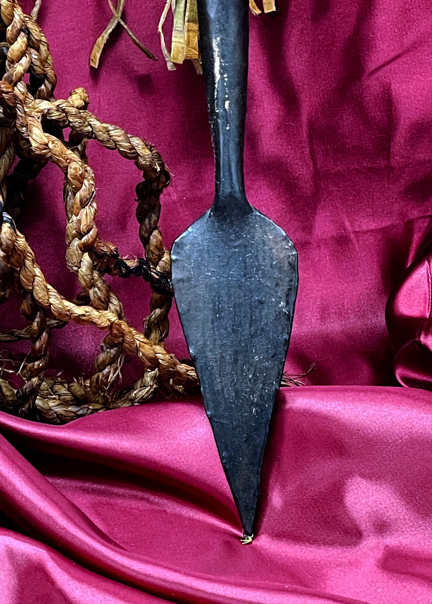 Mid-20th Century Chokwe Mask with Raffia Braids and Ceremonial Iron Arrow – Likely Congo