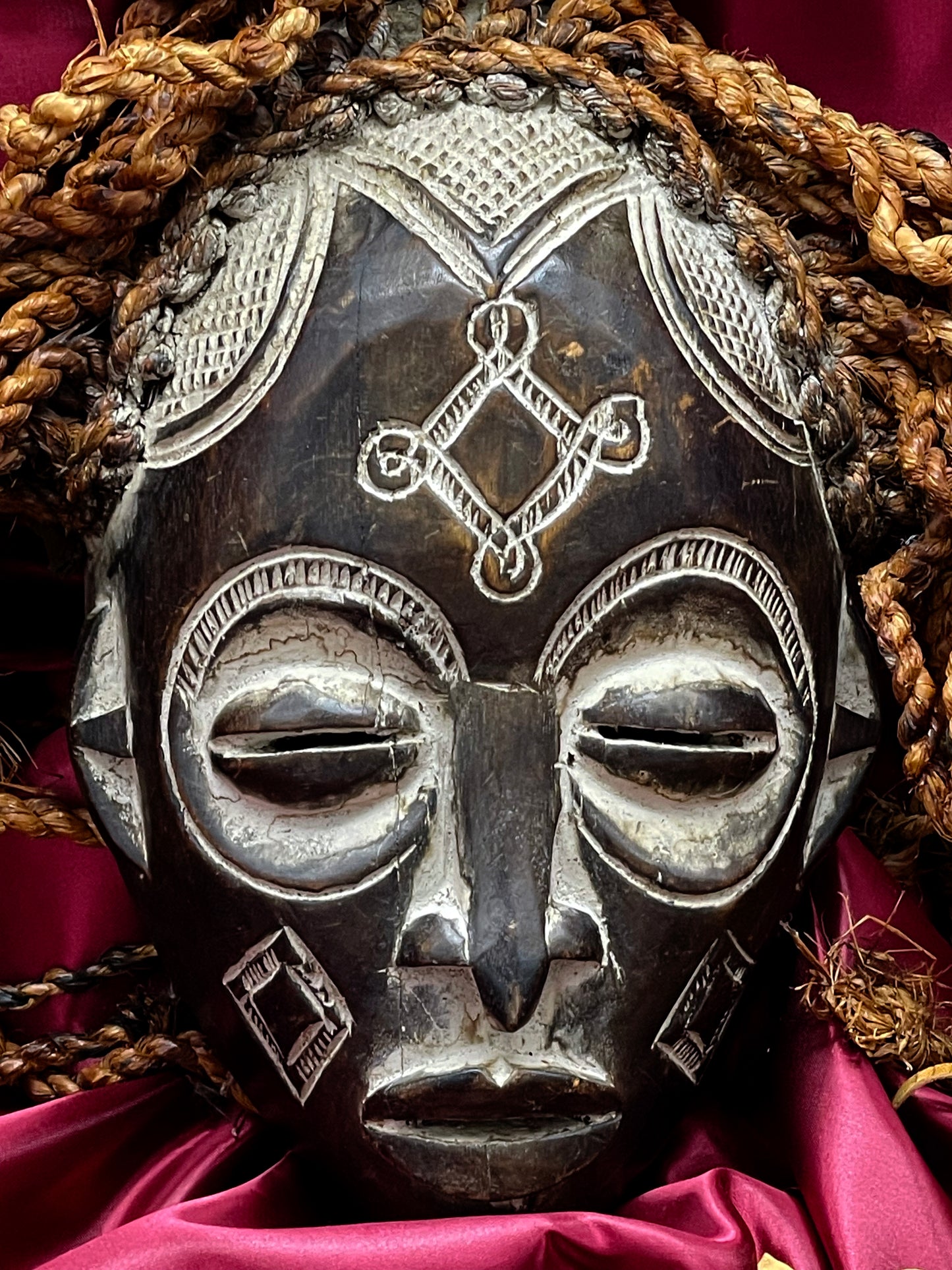 Mid-20th Century Chokwe Mask with Raffia Braids and Ceremonial Iron Arrow – Likely Congo