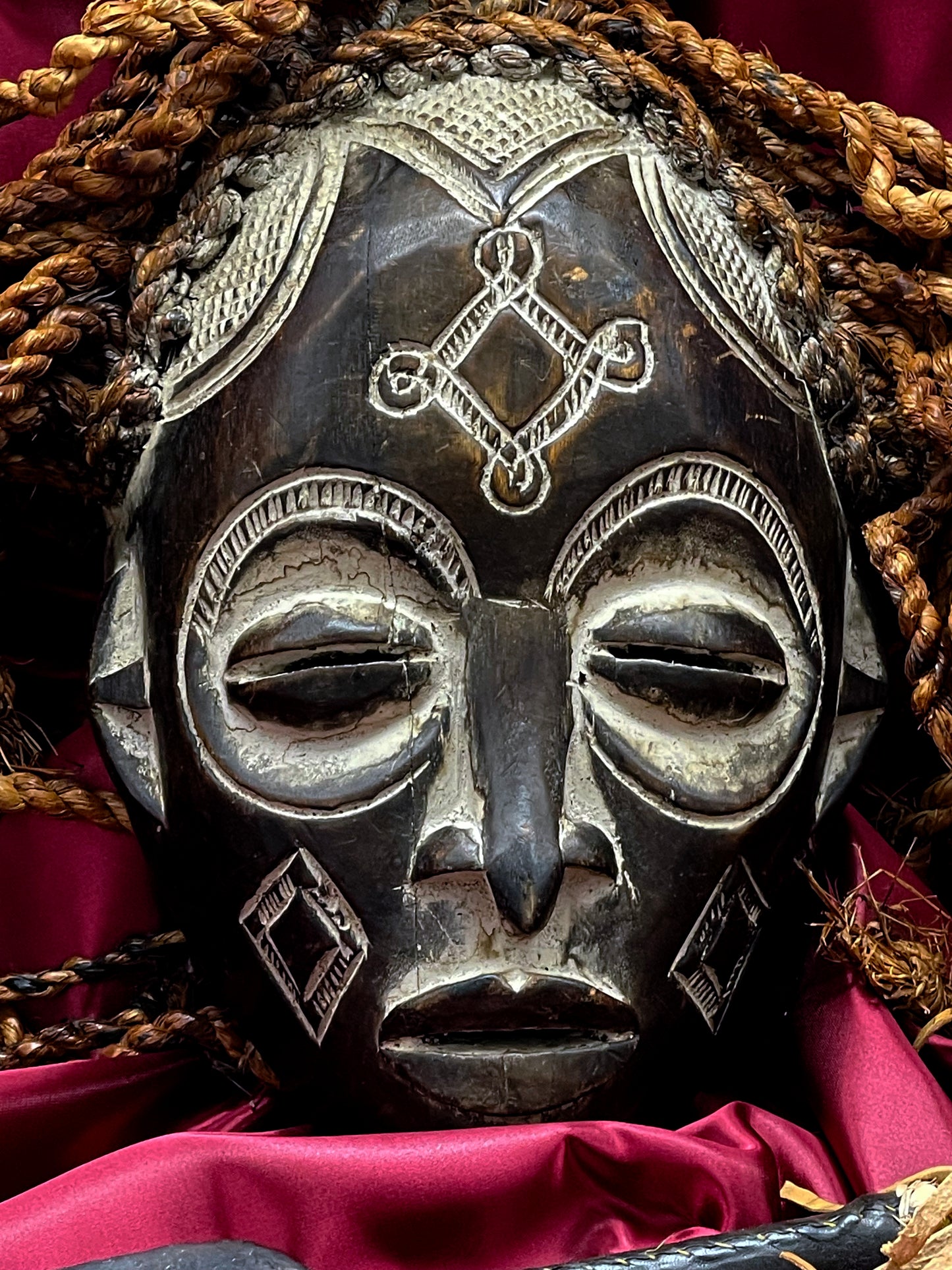 Mid-20th Century Chokwe Mask with Raffia Braids and Ceremonial Iron Arrow – Likely Congo