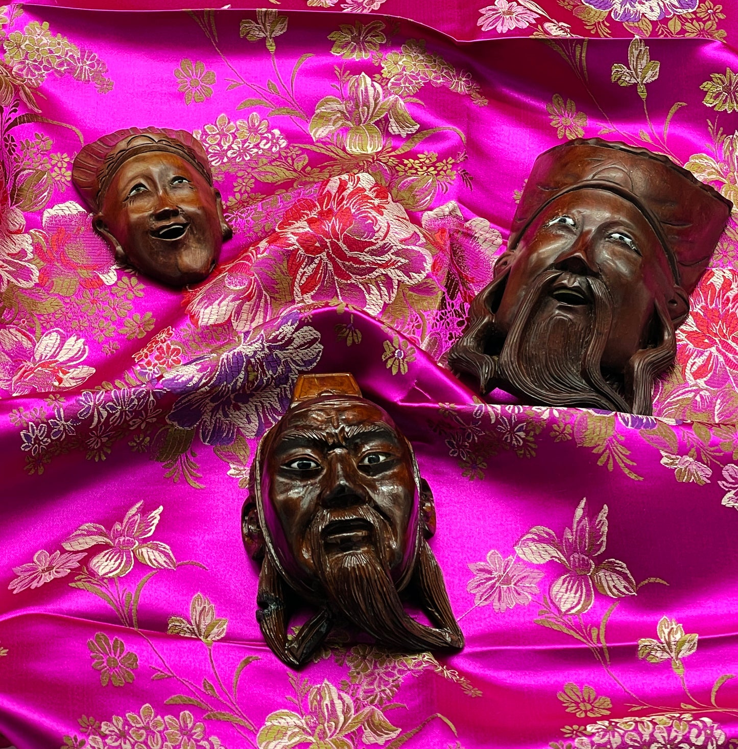Set of Three Hand-Carved Chinese Opera Masks in Hardwood – Miniature Wall Sculptures