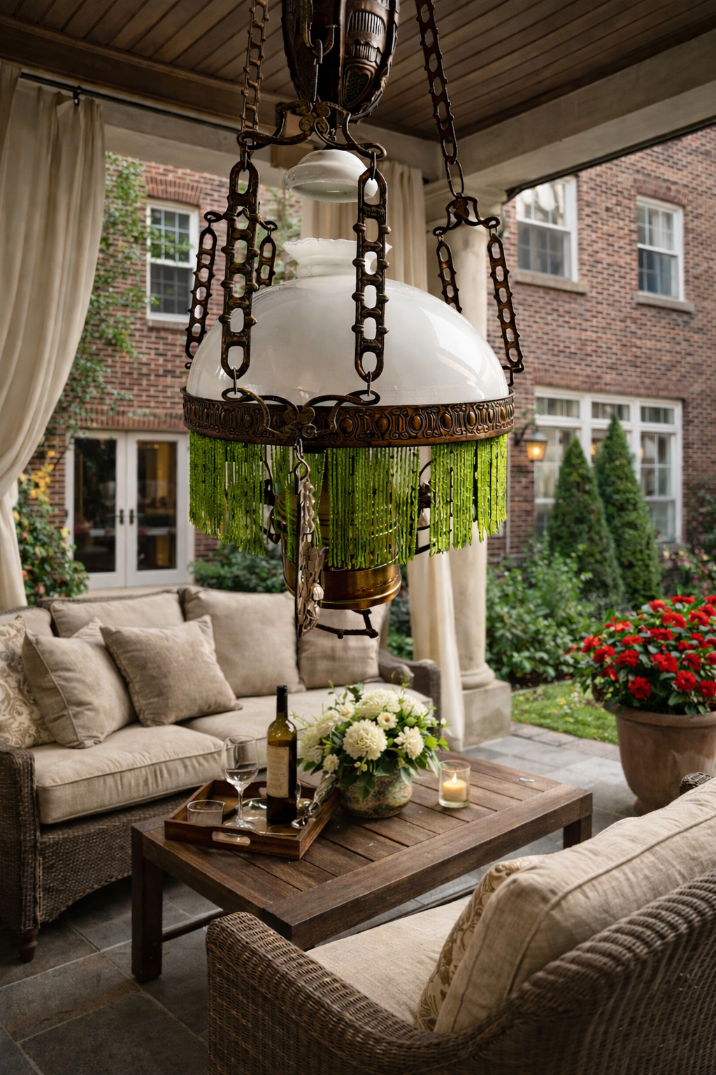 Unique Jugendstil Hanging Lamp with Green Beads