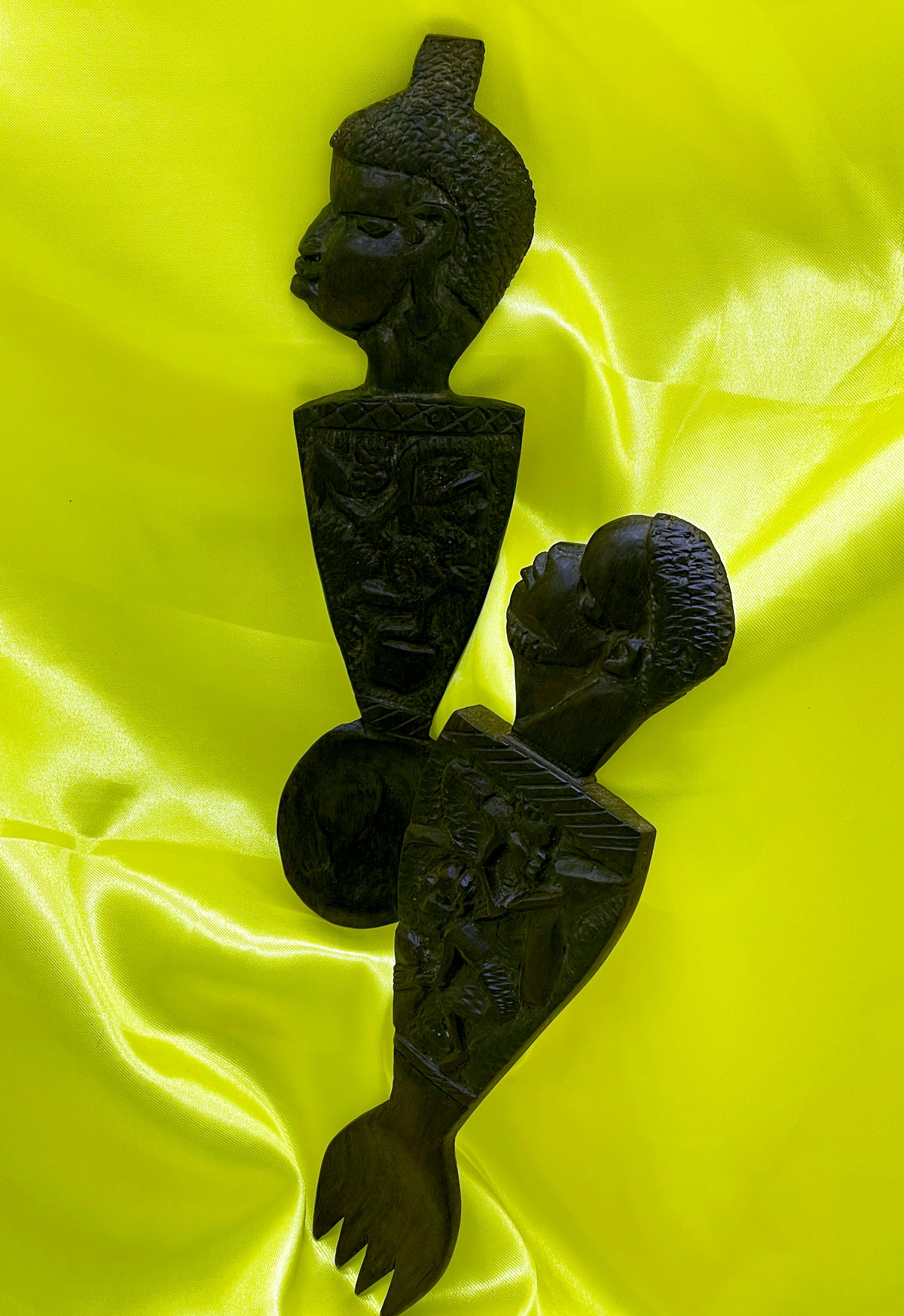 Antique African ebony spoon and fork pair, alternate full view showing fork tines