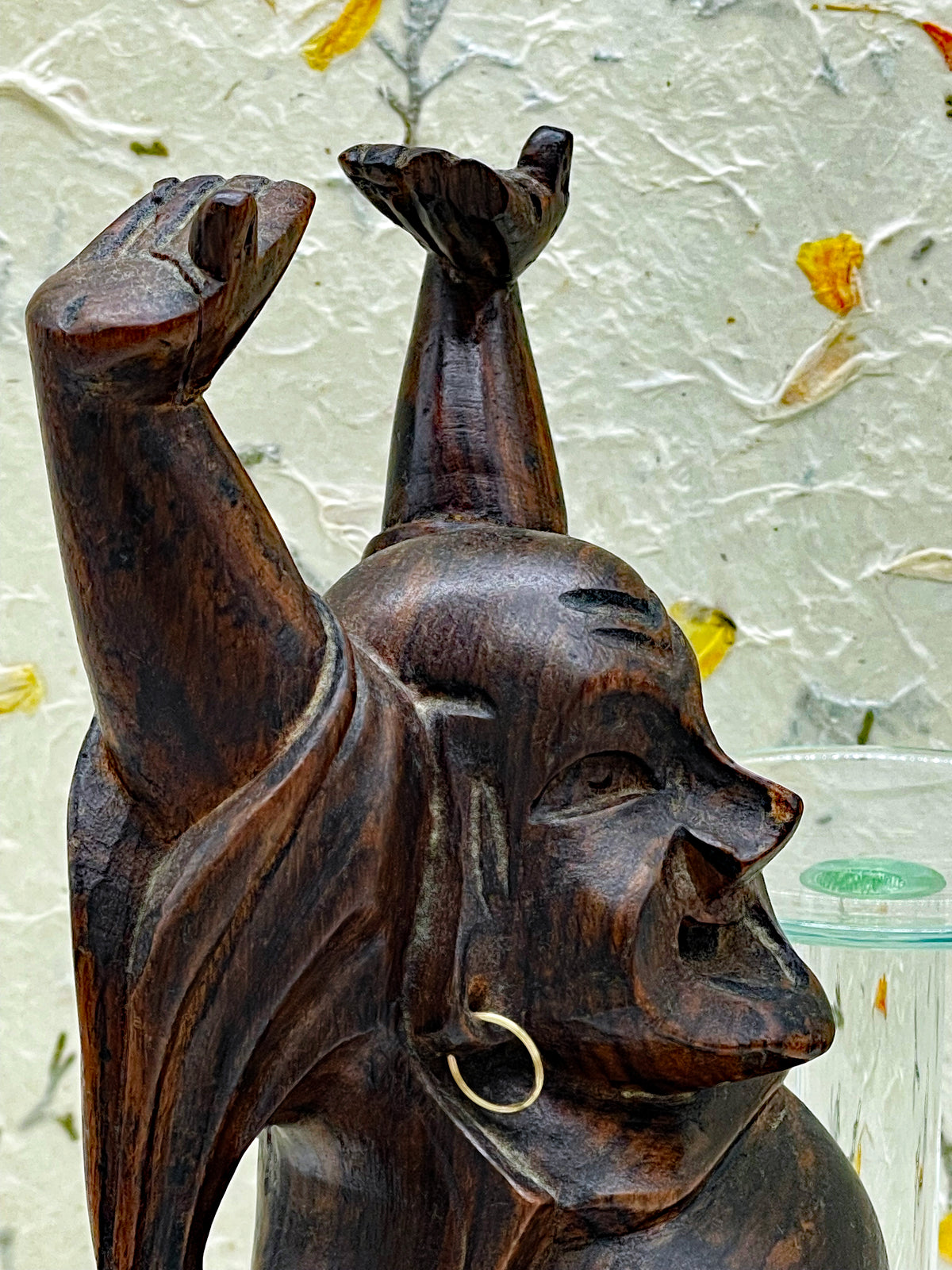 Vintage hand carved ebony Happy Buddha statue on original wooden base