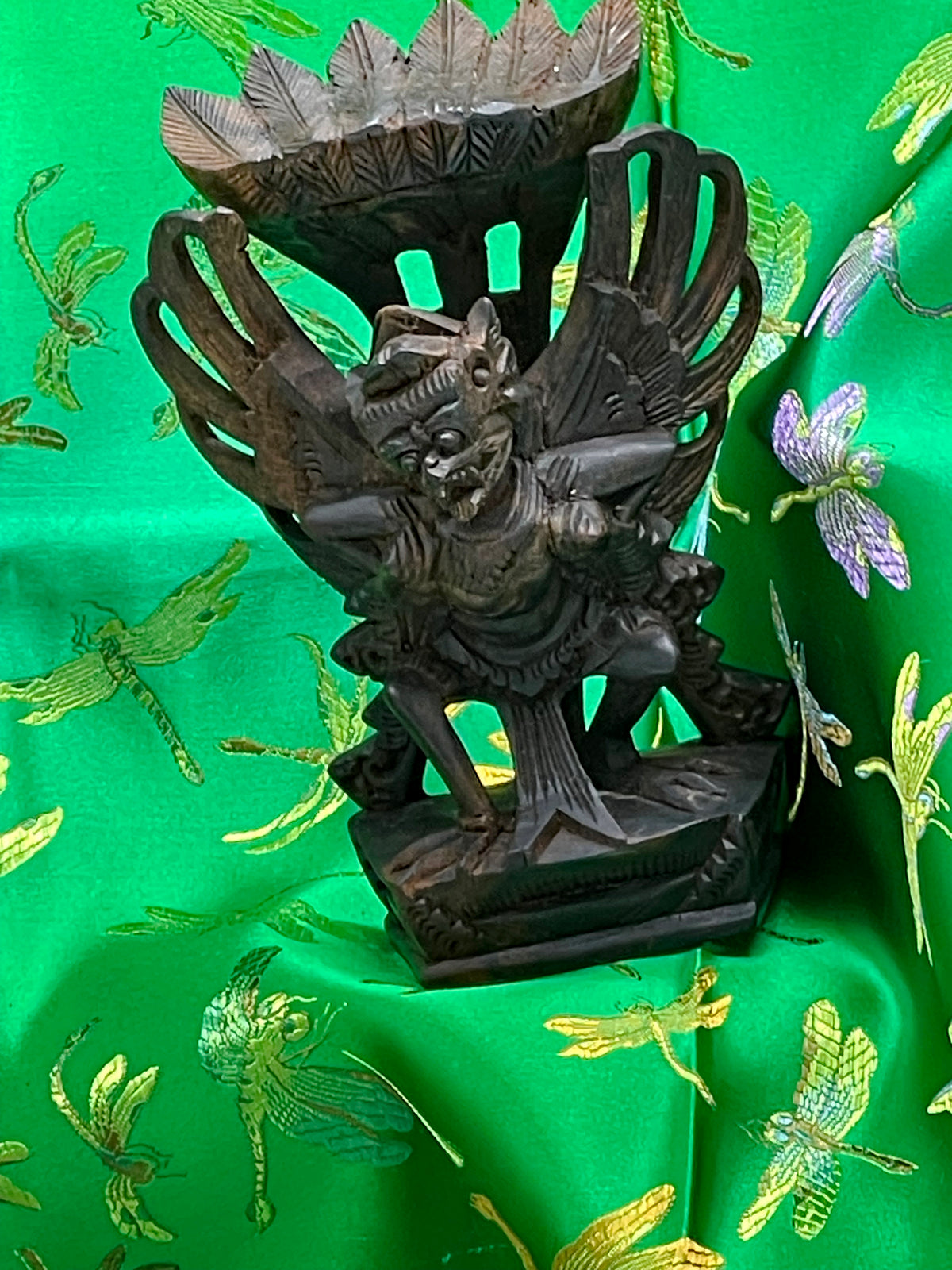 Antique Balinese flying Garuda carving in solid ebony, hero view with wings spread
