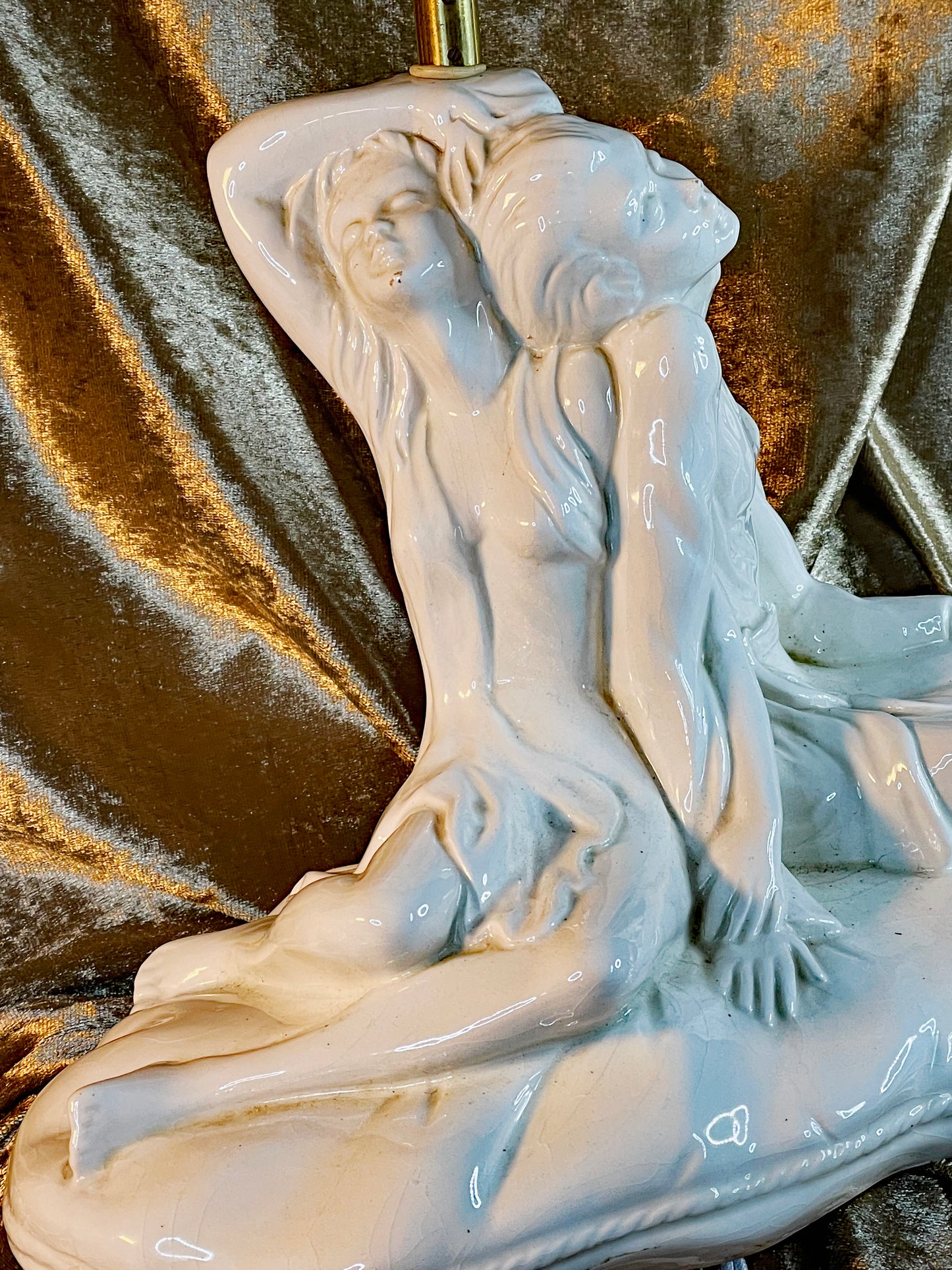 Original Jugendstil Lamp 1910 “Amor & Psyche” White Porcelain & Brass Figurative Table Lamp with Original Shade