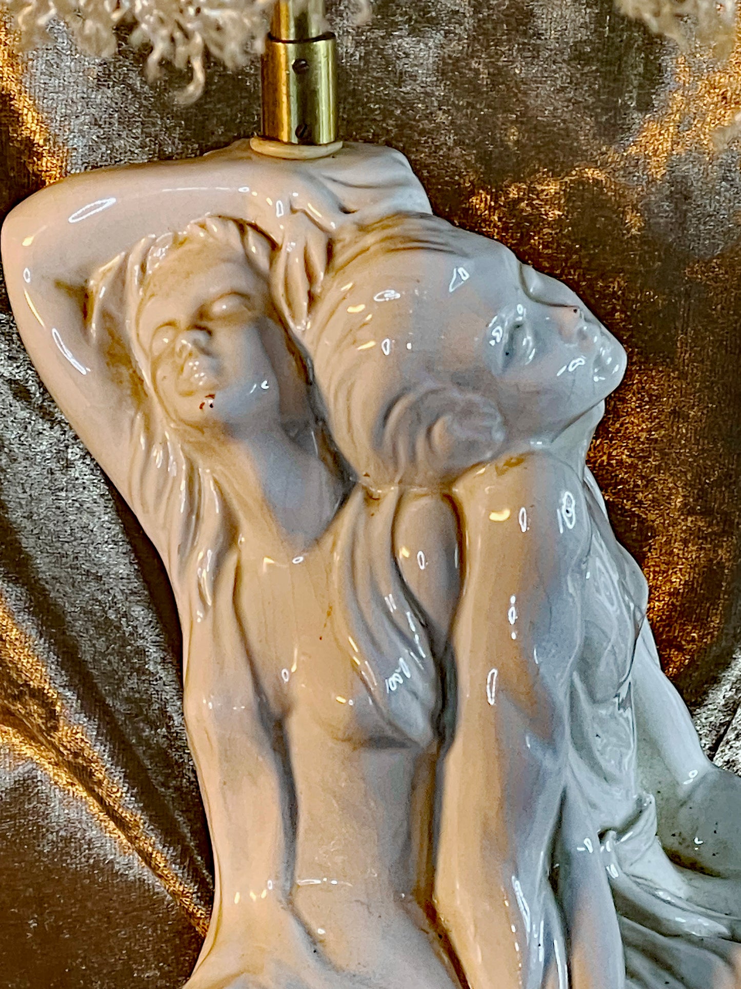 Original Jugendstil Lamp 1910 “Amor & Psyche” White Porcelain & Brass Figurative Table Lamp with Original Shade