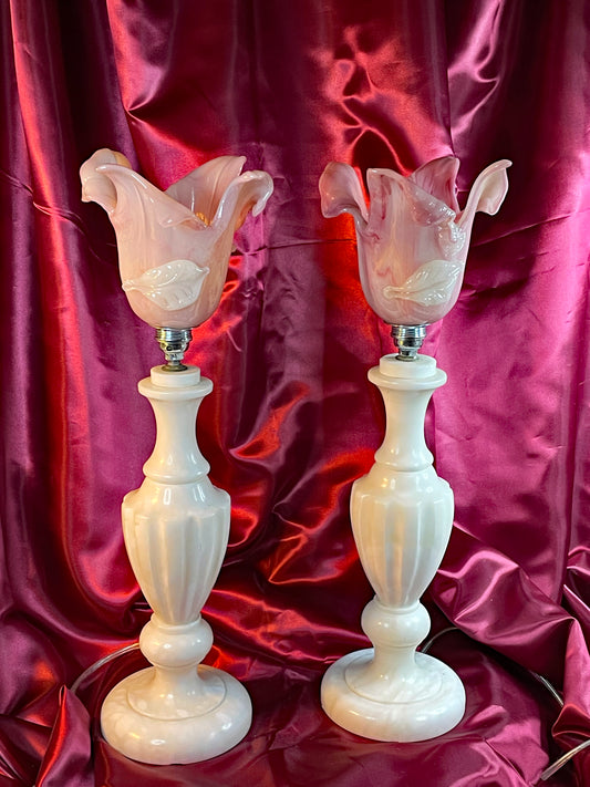🌸 Pair of Vintage Italian Alabaster Marble Lamps with Pink Murano Glass Tulip Shades — Romantic Mid-Century Boudoir Lighting