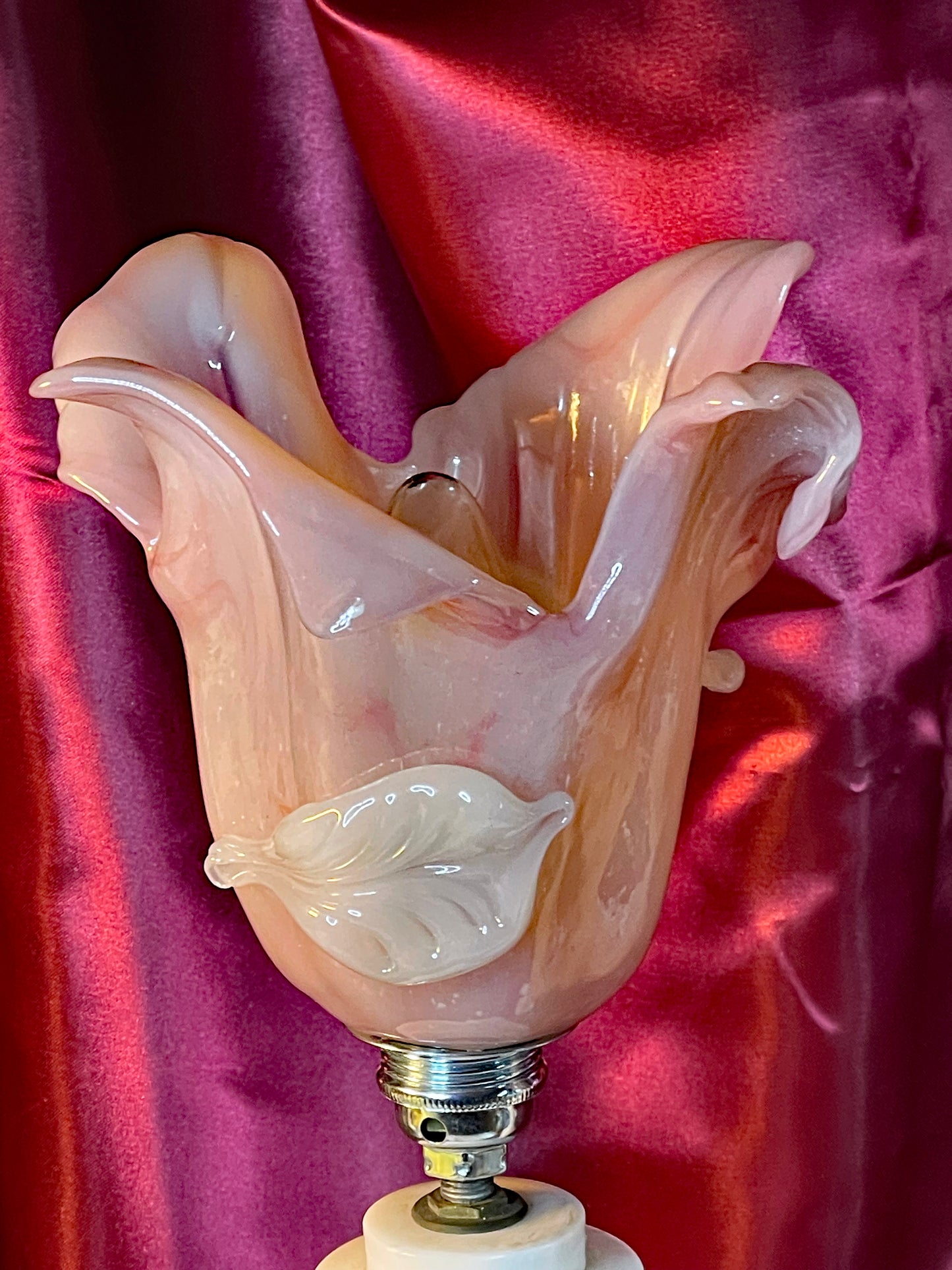 🌸 Pair of Vintage Italian Alabaster Marble Lamps with Pink Murano Glass Tulip Shades — Romantic Mid-Century Boudoir Lighting
