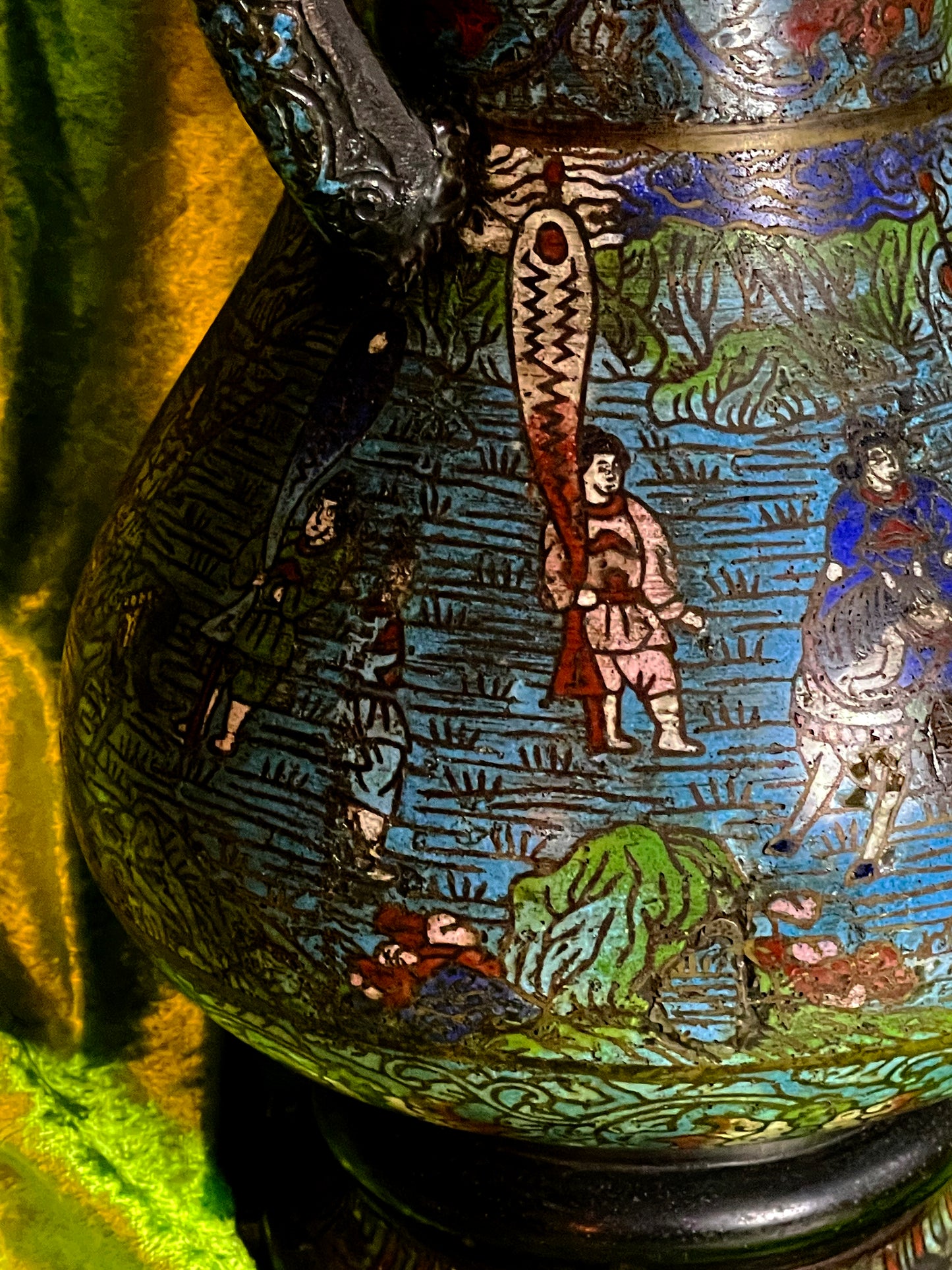 Monumental Meiji Cloisonné Bronze Vase c.1900 — "The Hunt for the Giant Carp" — Attributed to Genryusai Seiya, 37 cm, Twin-Handled