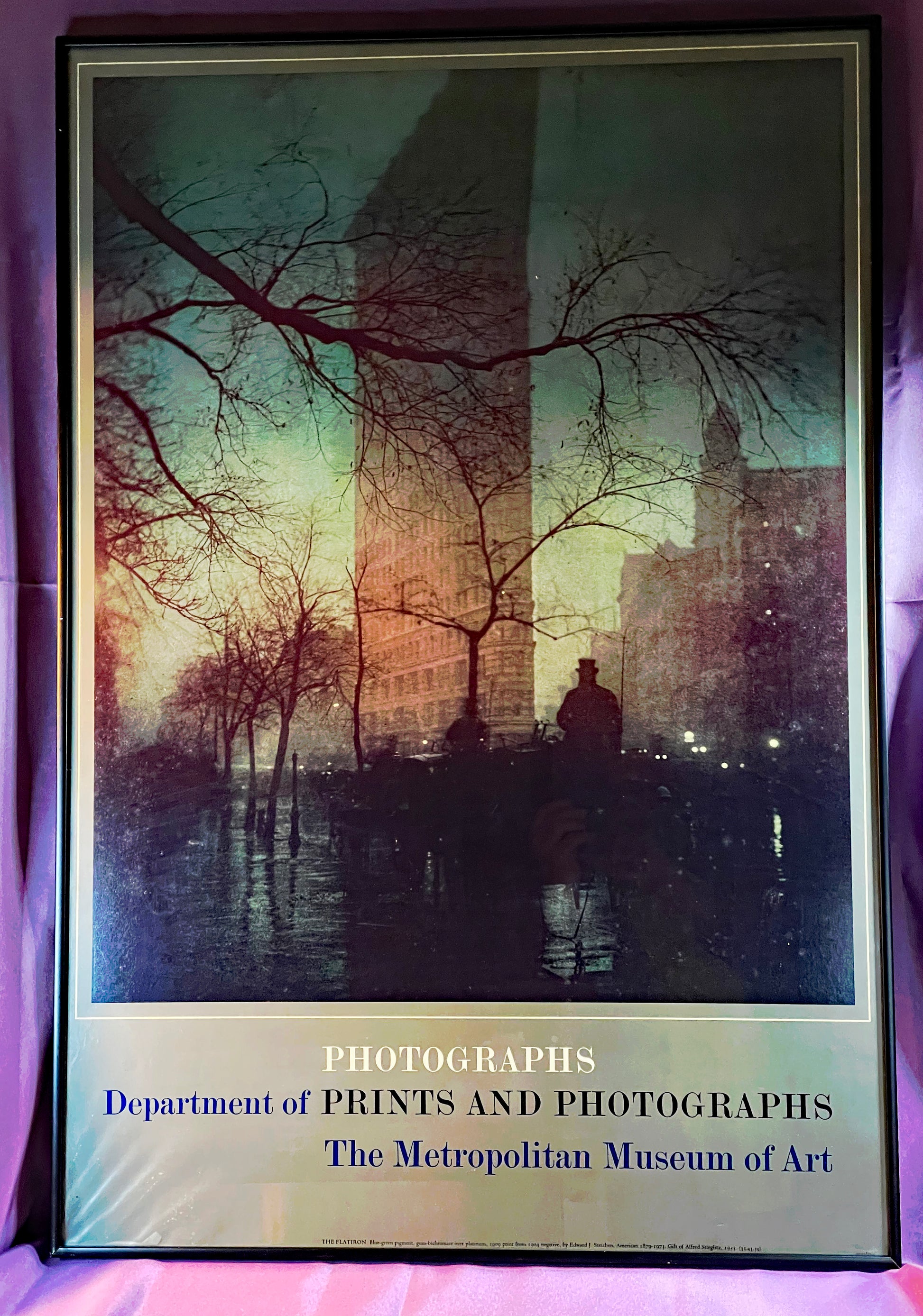Framed Metropolitan Museum of Art poster of Edward Steichen's The Flatiron, 1904, New York City at twilight
