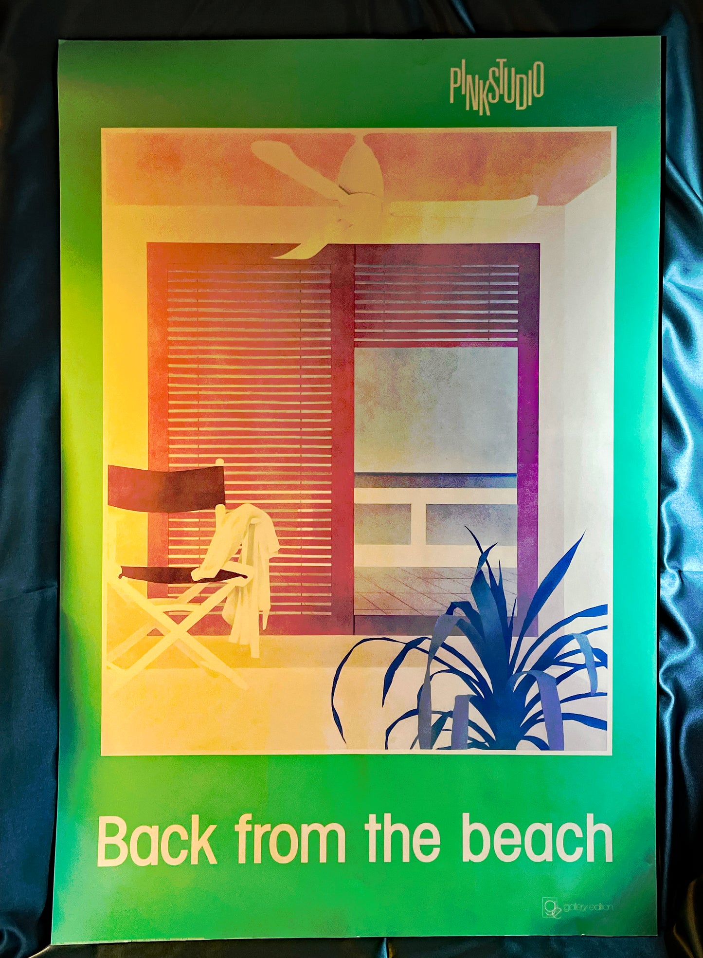 Pink Studio Back from the Beach 1983 poster, alternate lit full view showing pastel coastal scene