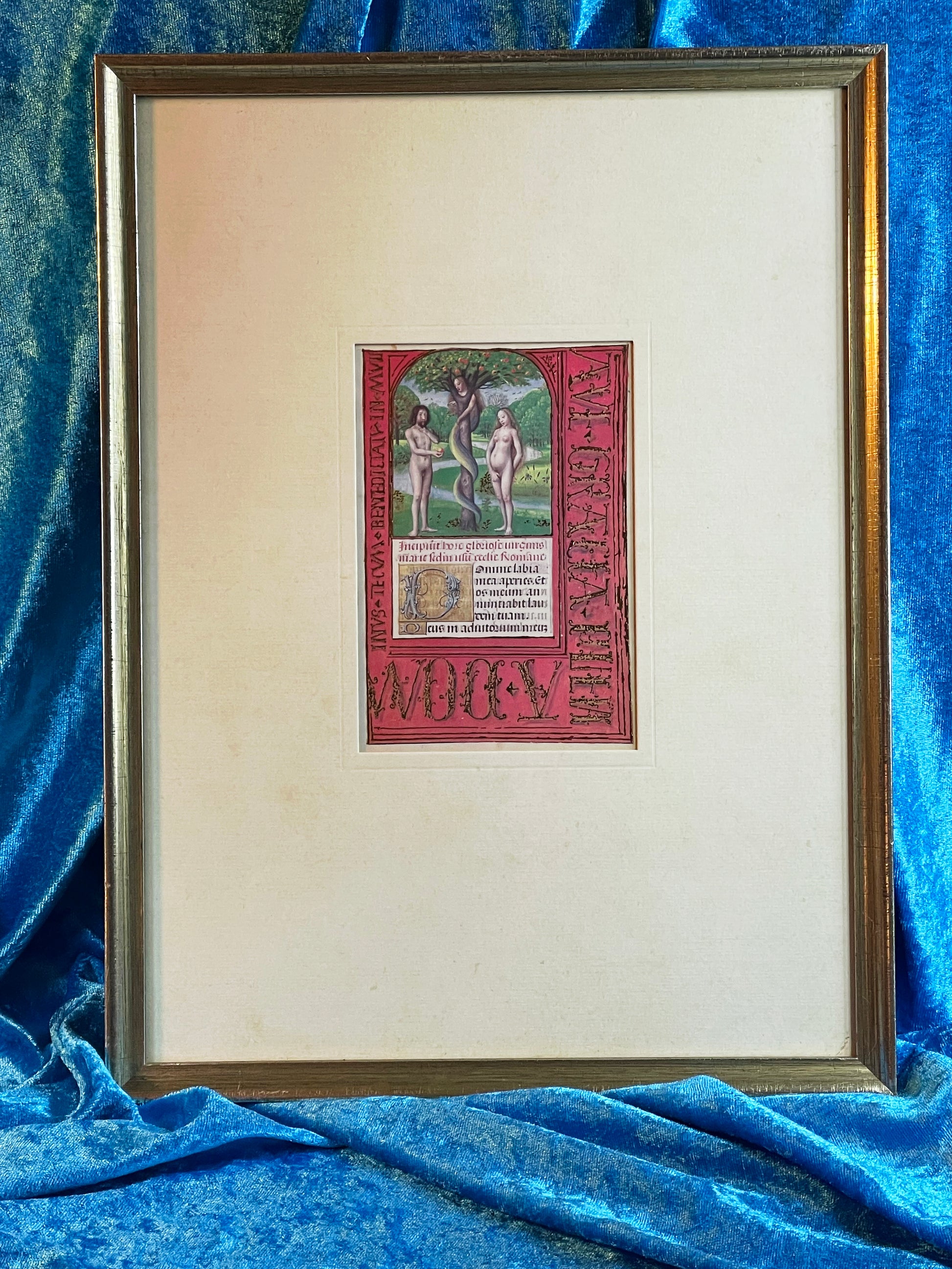 Adam and Eve illuminated miniature framed in silvered wood with museum passe-partout on blue velvet