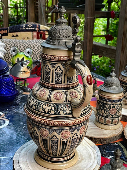 Early 1900s Reinhold Merkelbach German Salt-Glazed Beer Stein Set with Pewter Lids – 7-Piece Ensemble