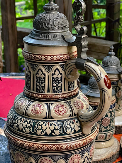 Early 1900s Reinhold Merkelbach German Salt-Glazed Beer Stein Set with Pewter Lids – 7-Piece Ensemble