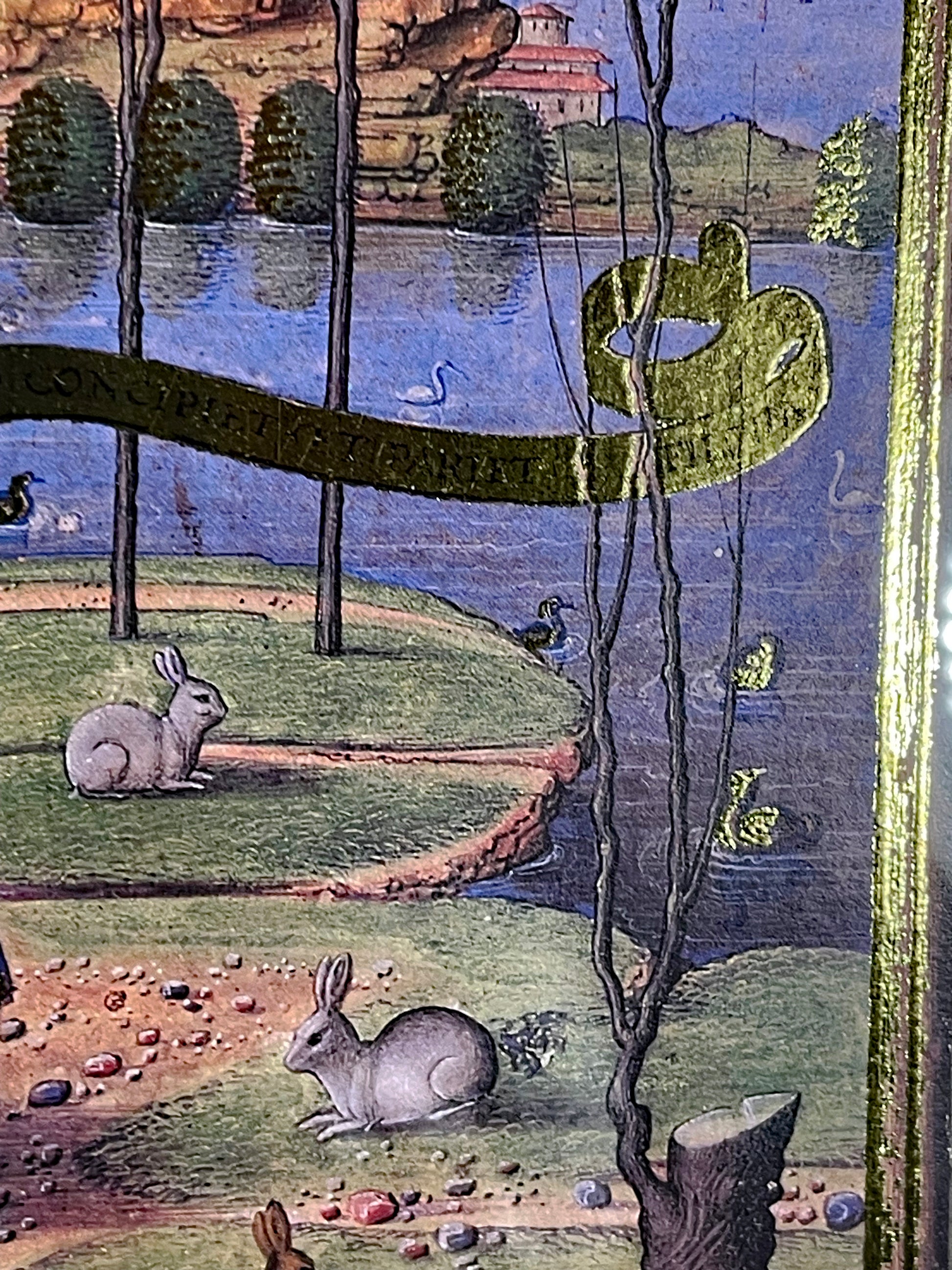 Close detail of an illuminated landscape with rabbits, lake and gilded foliage