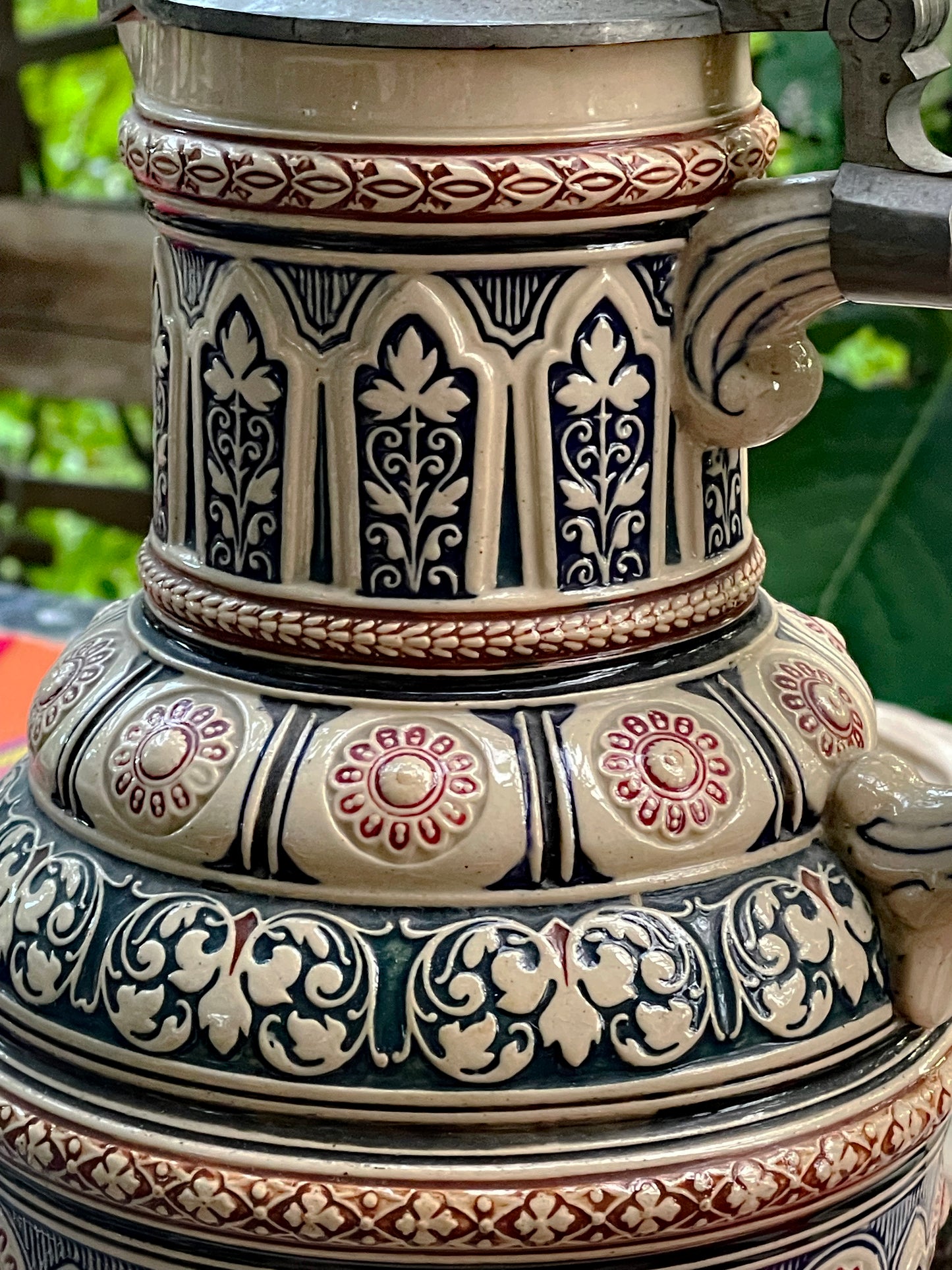 Early 1900s Reinhold Merkelbach German Salt-Glazed Beer Stein Set with Pewter Lids – 7-Piece Ensemble
