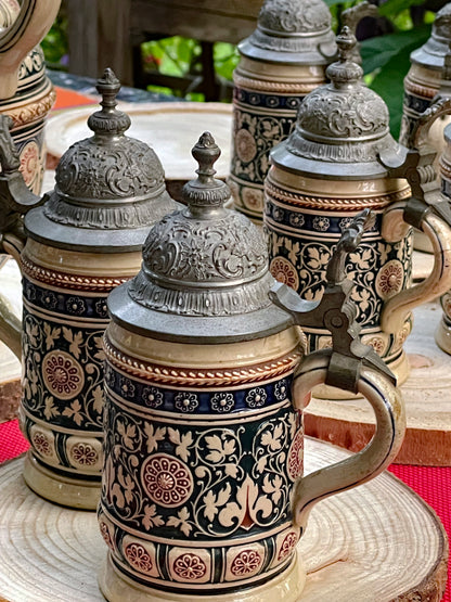 Early 1900s Reinhold Merkelbach German Salt-Glazed Beer Stein Set with Pewter Lids – 7-Piece Ensemble