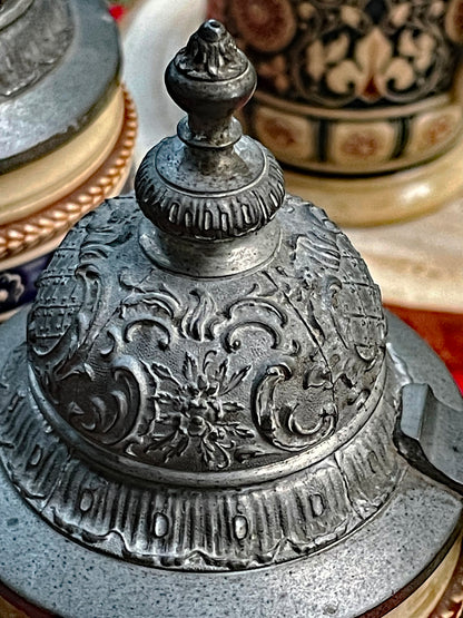 Early 1900s Reinhold Merkelbach German Salt-Glazed Beer Stein Set with Pewter Lids – 7-Piece Ensemble