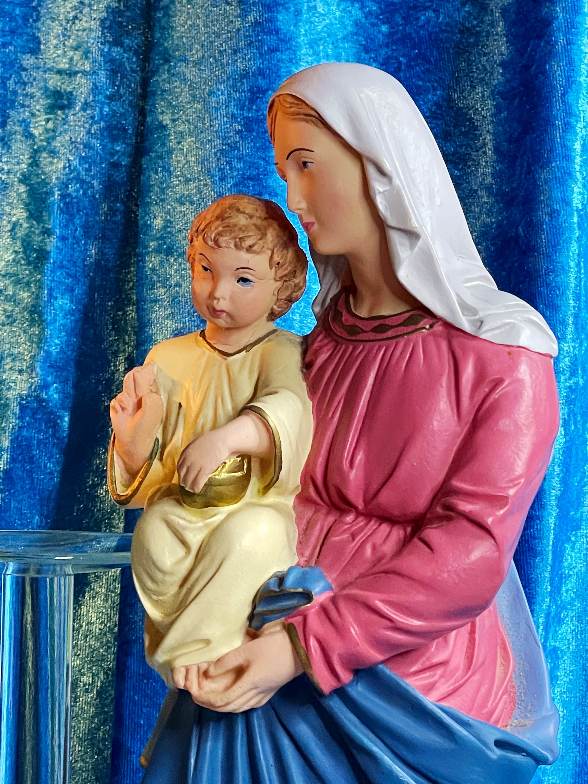 Madonna and Child figure, Mary in pink robe holding the Christ Child