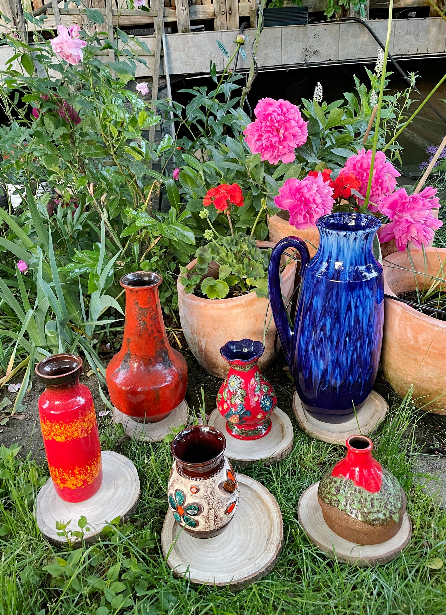 1960s West German Fat Lava and Hand-Painted Ceramic Vases – Set of Six