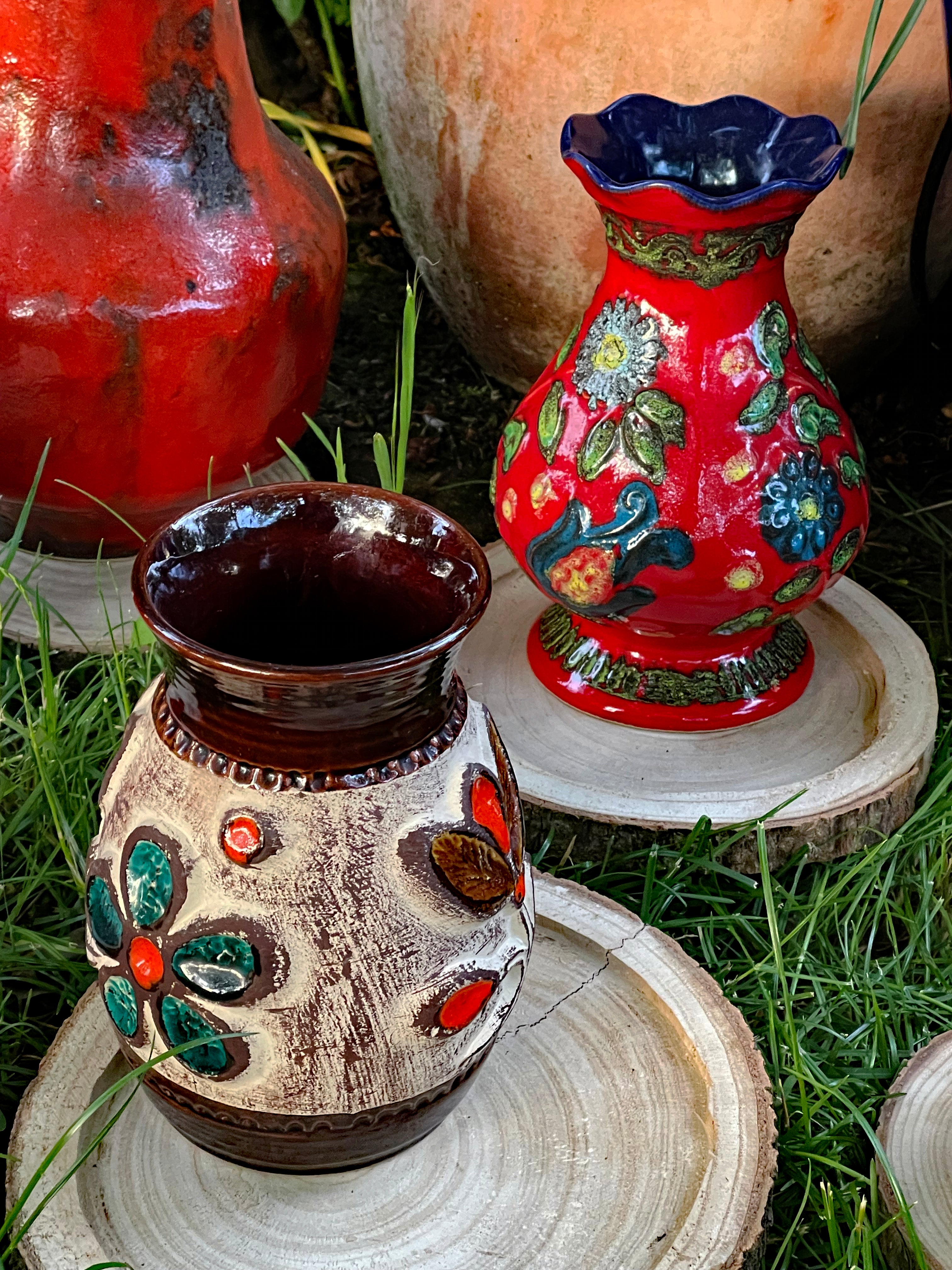 1960s West German Fat Lava and Hand-Painted Ceramic Vases