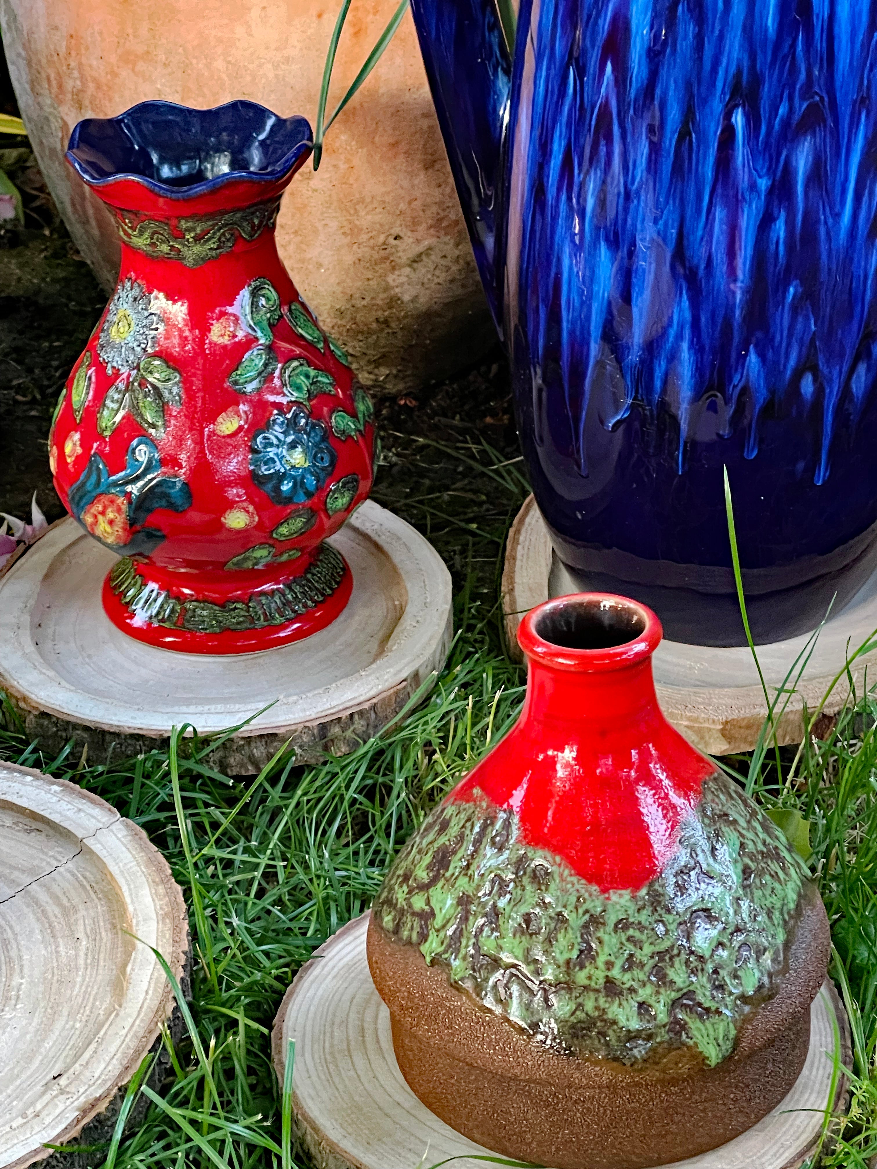 1960s West German Fat Lava and Hand-Painted Ceramic Vases