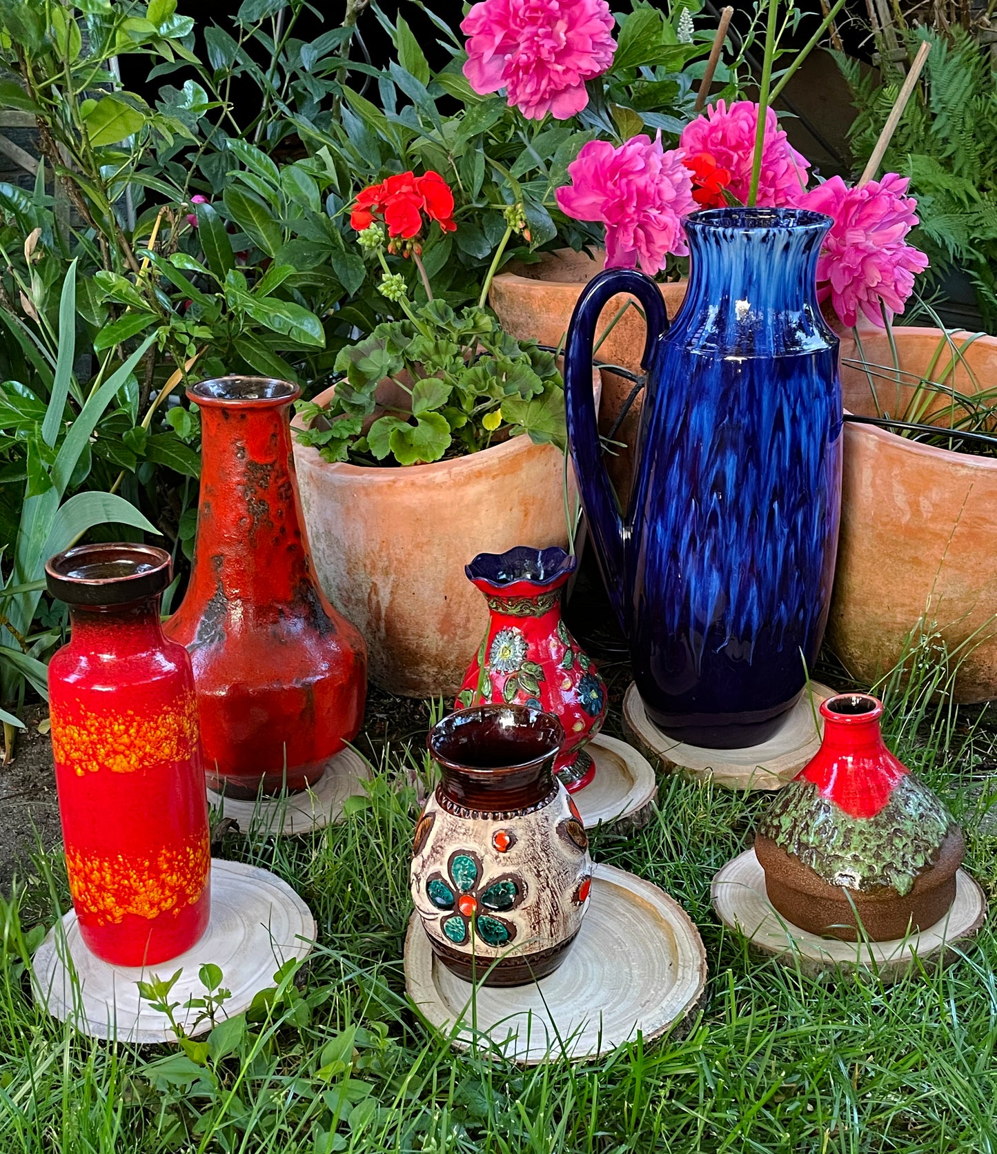 1960s West German Fat Lava and Hand-Painted Ceramic Vases – Set of Six
