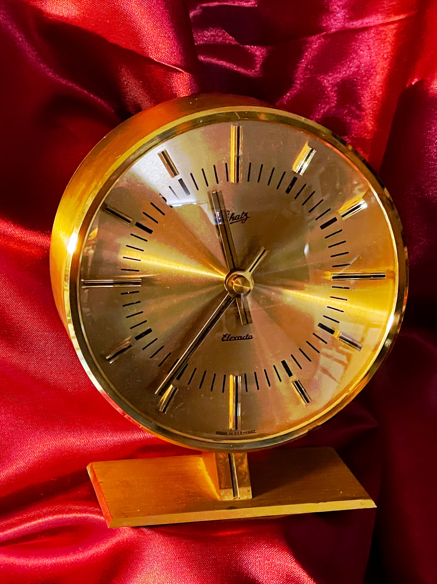 Schatz Elexacta brass table clock front, 1960s West German design