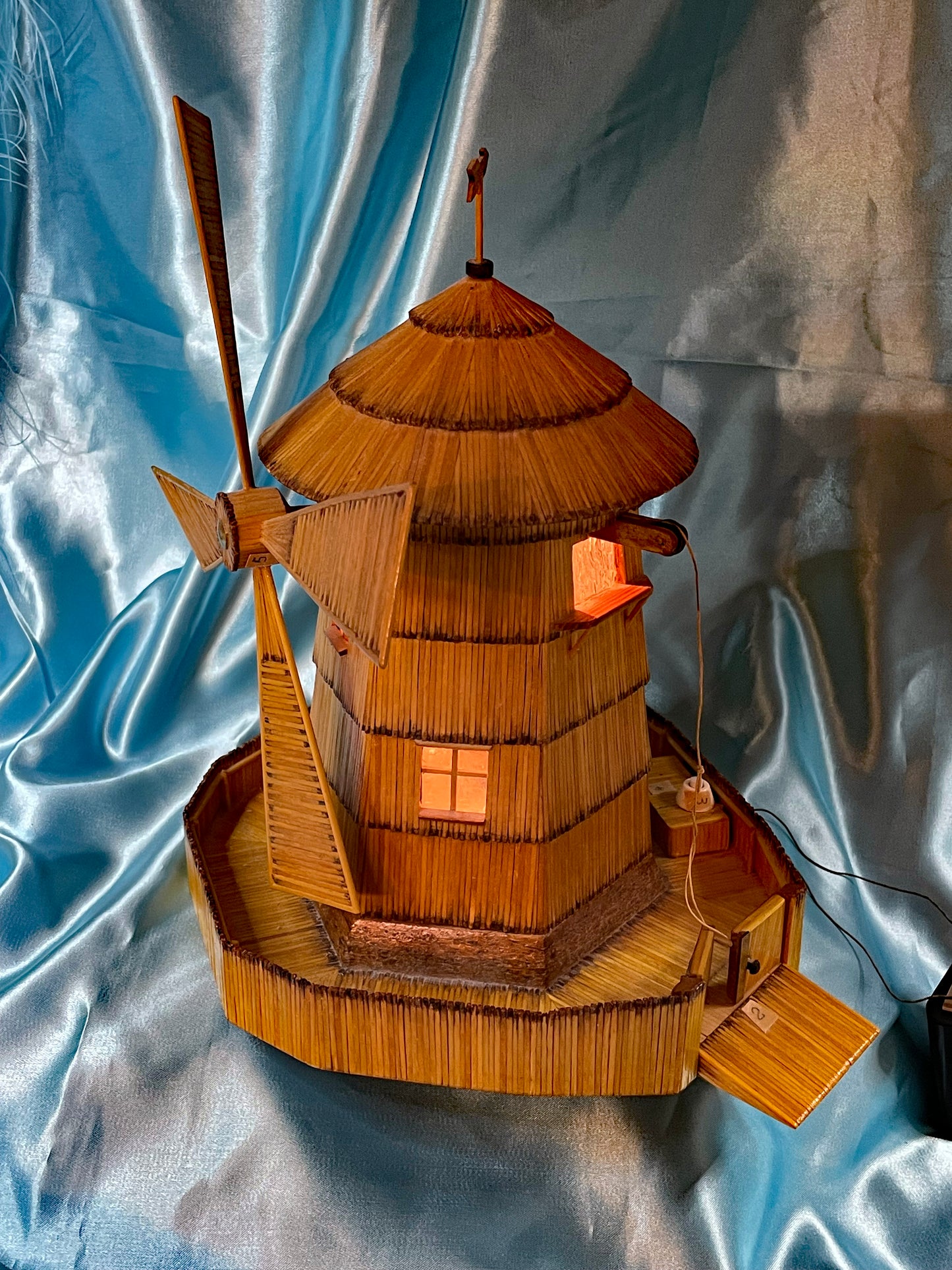 Vintage Matchstick Windmill with Light & Turning Blades – Tramp Art Folk Sculpture, 1950s–70s
