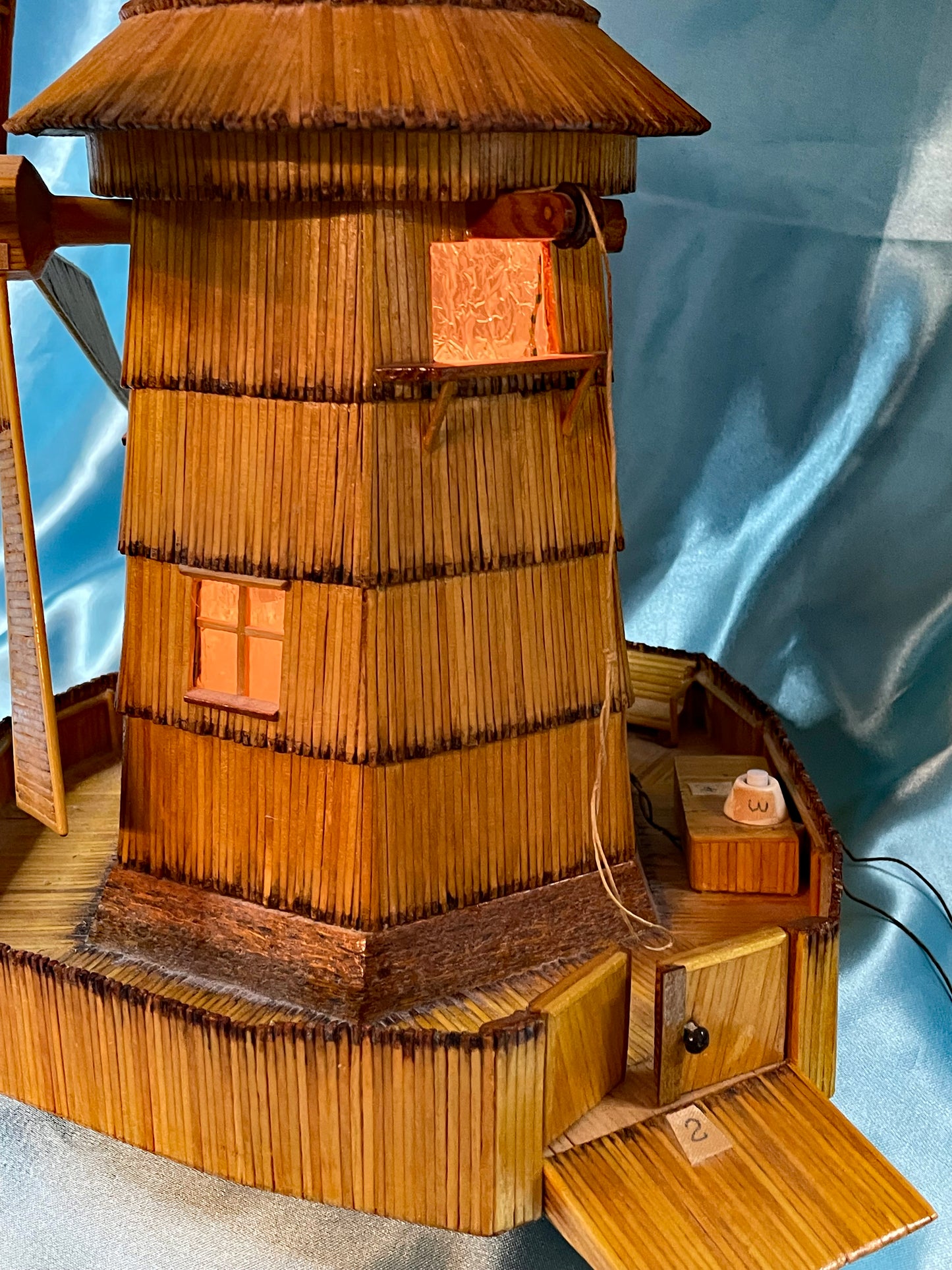 Vintage Matchstick Windmill with Light & Turning Blades – Tramp Art Folk Sculpture, 1950s–70s