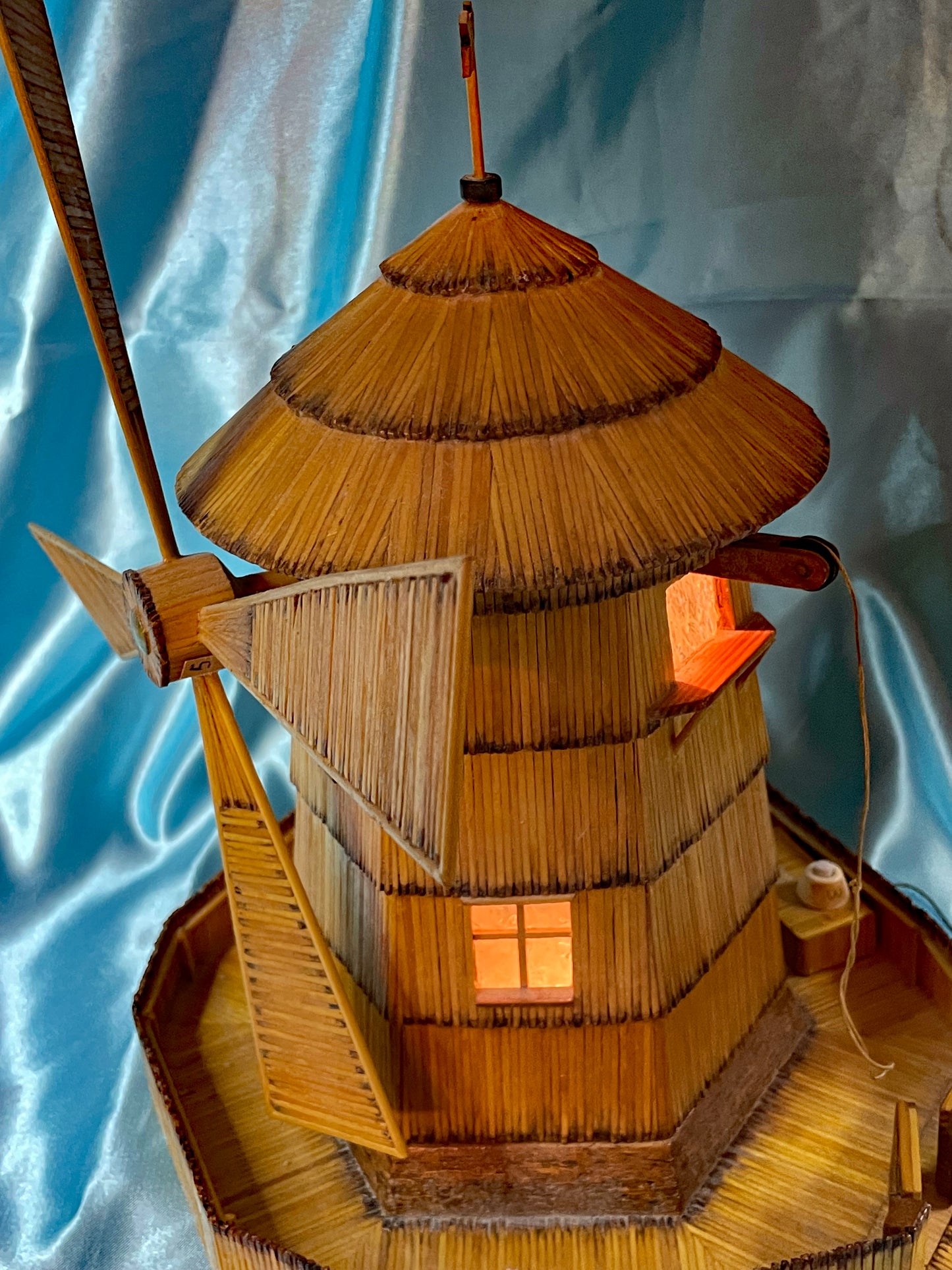 Vintage Matchstick Windmill with Light & Turning Blades – Tramp Art Folk Sculpture, 1950s–70s