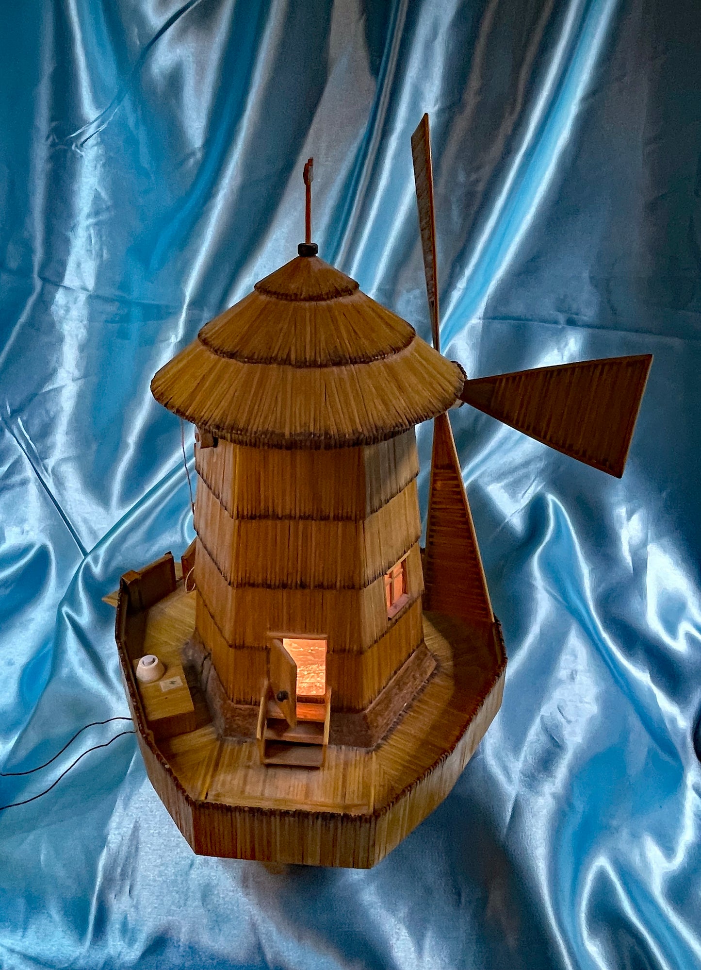 Vintage Matchstick Windmill with Light & Turning Blades – Tramp Art Folk Sculpture, 1950s–70s