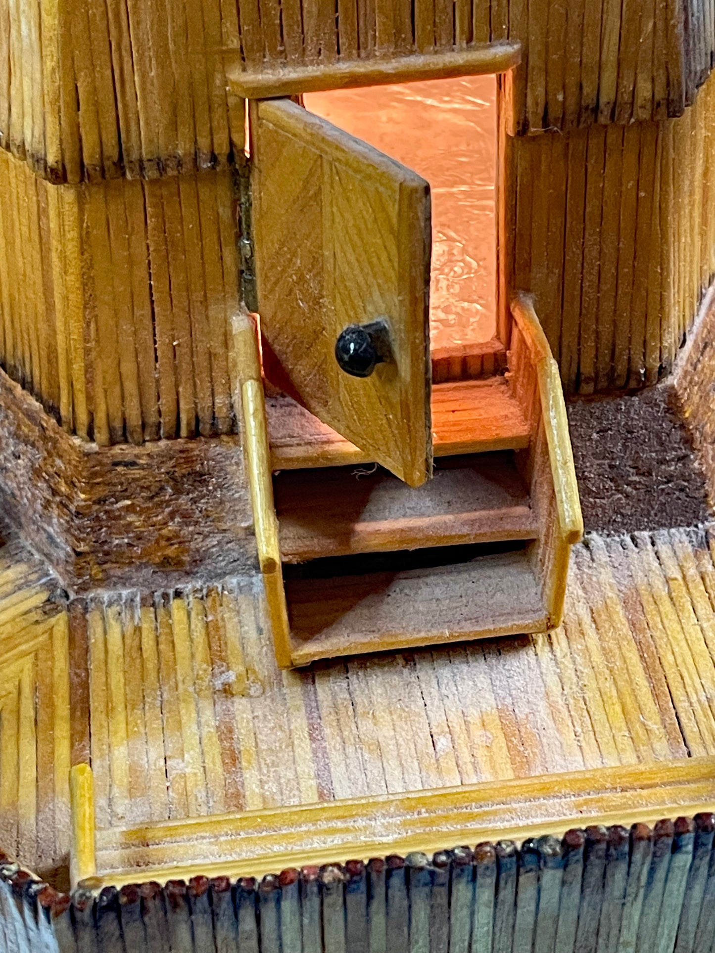 Vintage Matchstick Windmill with Light & Turning Blades – Tramp Art Folk Sculpture, 1950s–70s