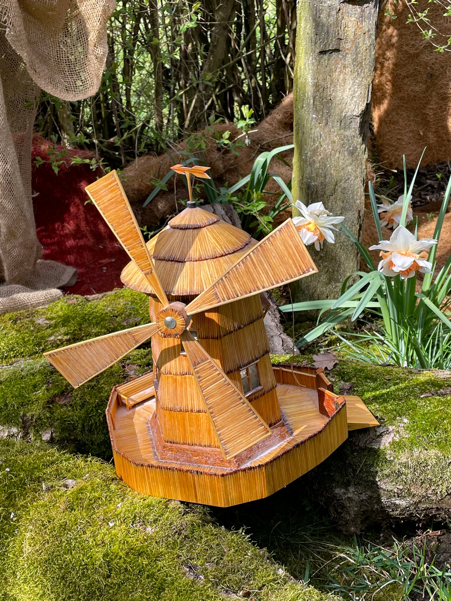 Vintage Matchstick Windmill with Light & Turning Blades – Tramp Art Folk Sculpture, 1950s–70s